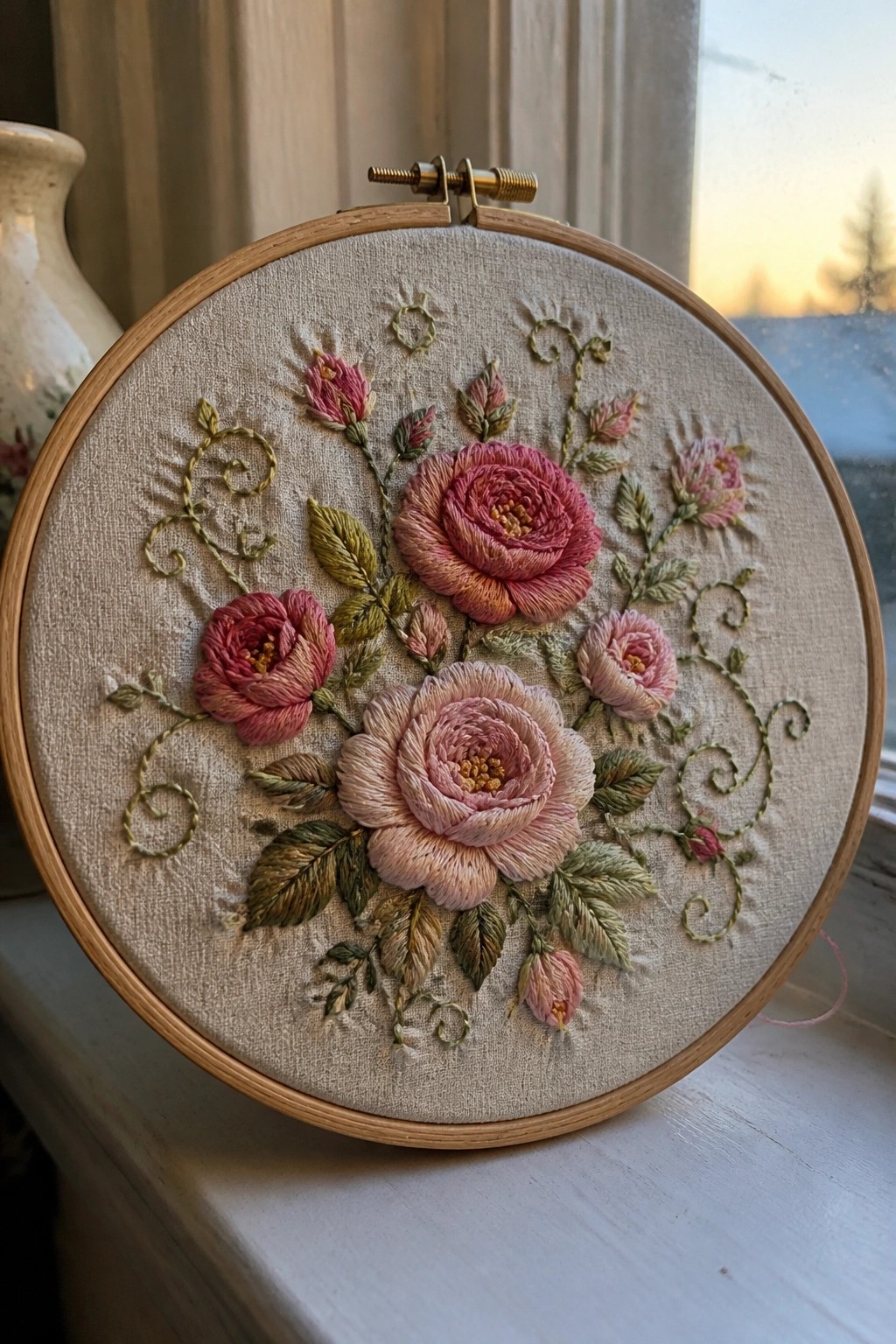 Embroidered pink roses with green leaves and vines in a wooden hoop on a windowsill
