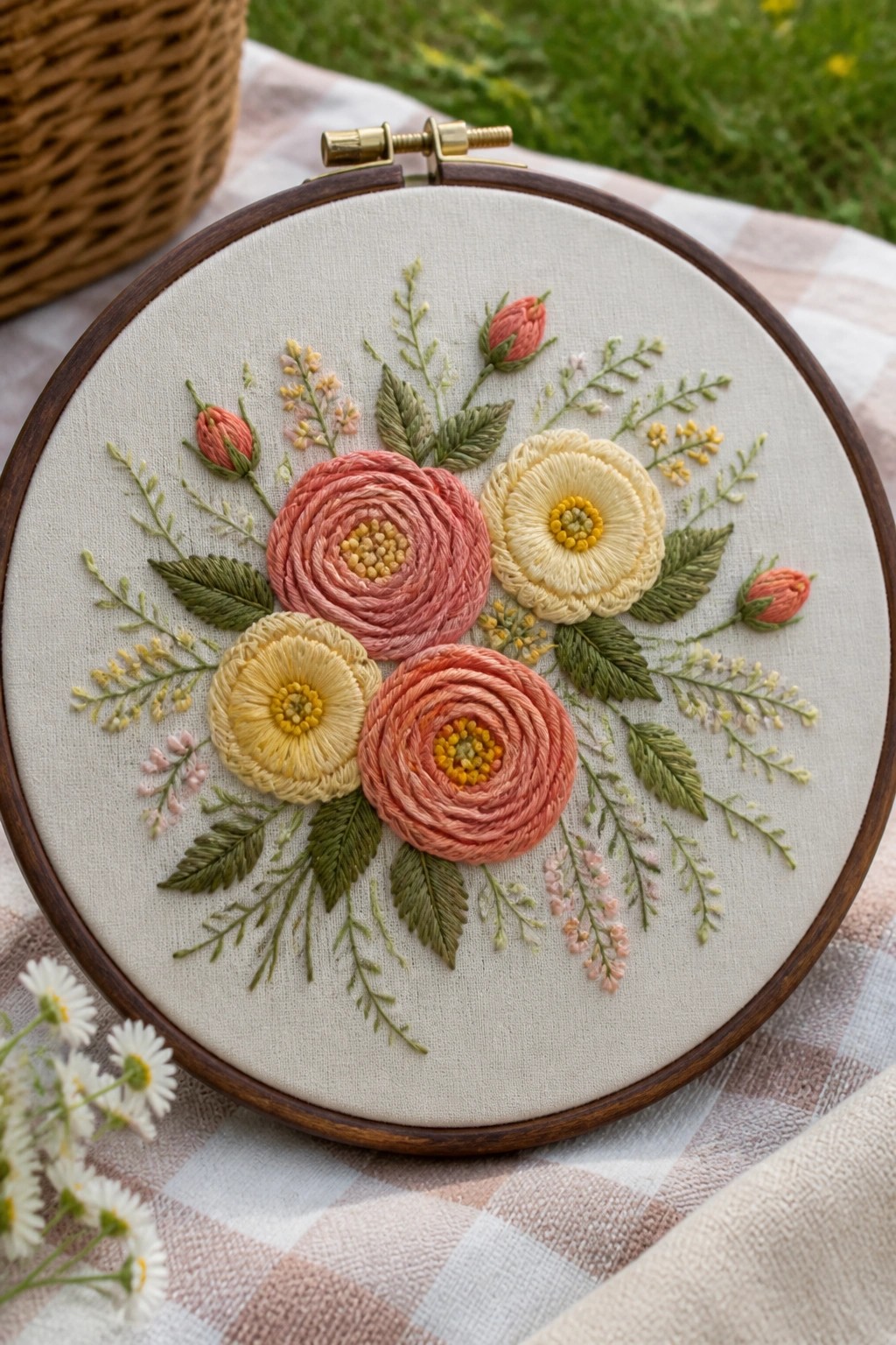 Vibrant pink, yellow, and coral floral embroidery in wooden hoop on checkered fabric.