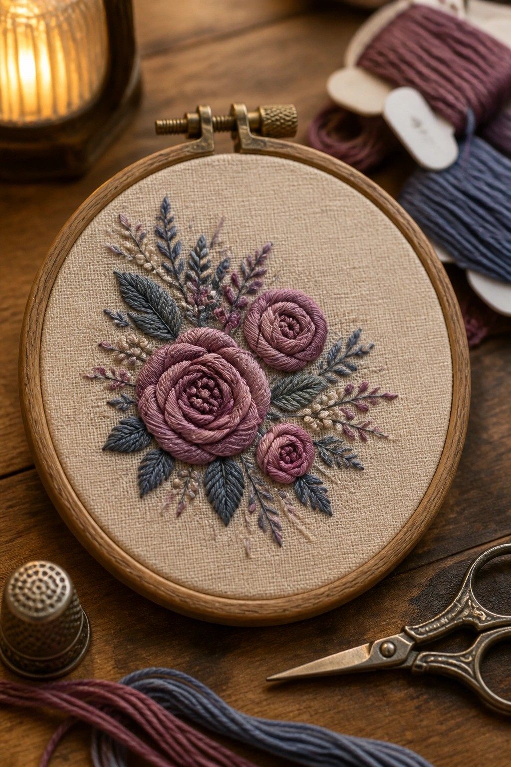 Wooden hoop with purple embroidered roses, leaves, threads, thimble, and scissors on wood.