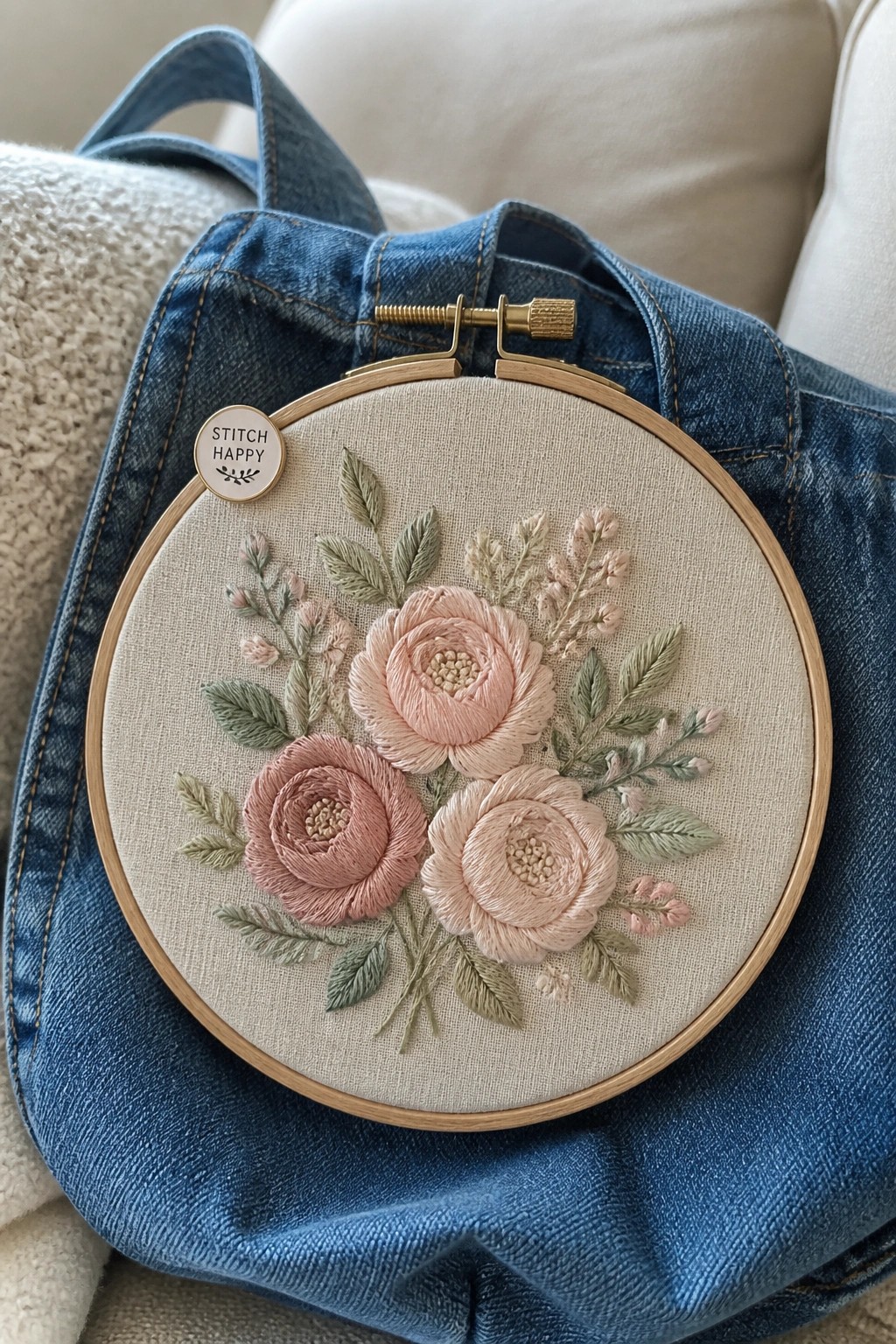 Pink floral embroidery hoop on blue denim bag with stitch happy pin