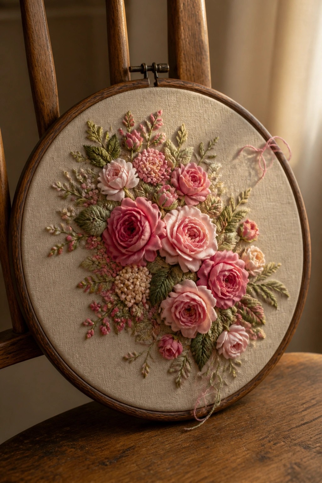 Wooden hoop with pink embroidered roses and green leaves on beige fabric.