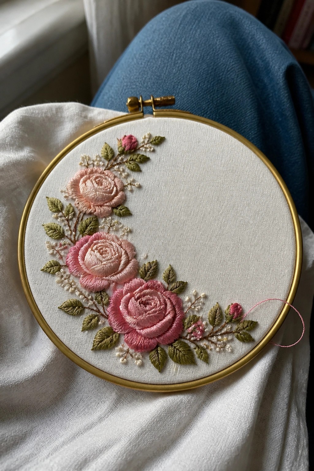 Gold embroidery hoop with pink roses on white fabric over blue jeans