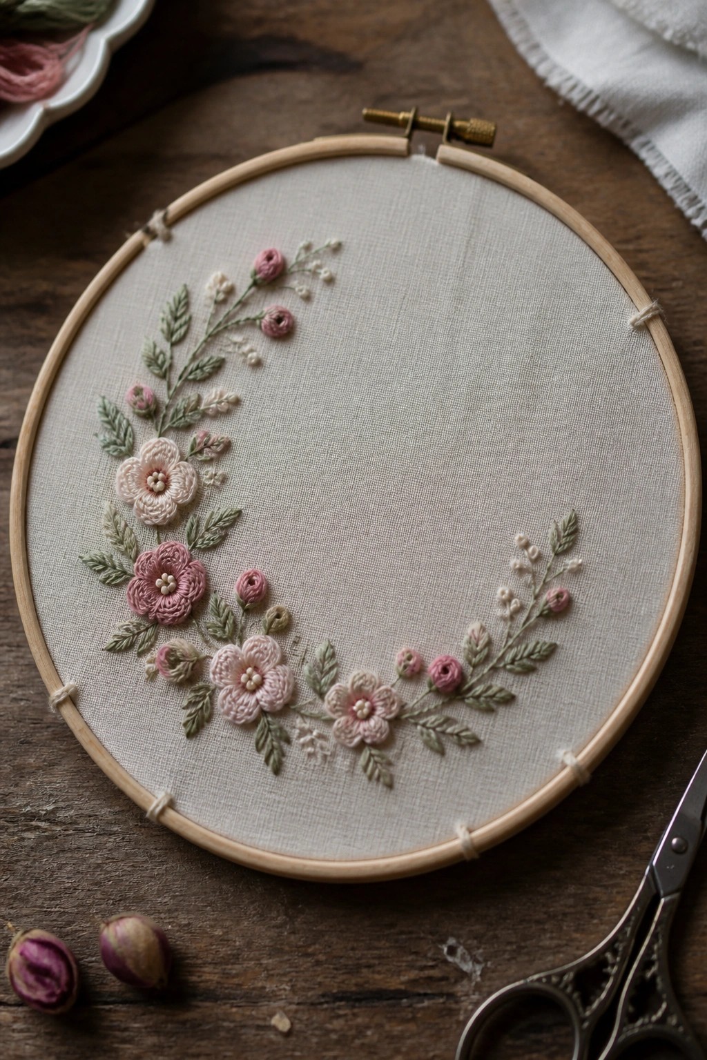 Embroidery hoop with pink floral wreath and green leaves on beige fabric beside scissors.