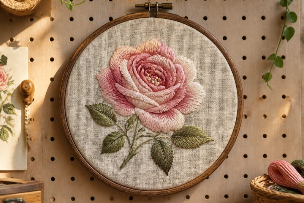 Embroidered pink rose with leaves in wooden hoop on pegboard.