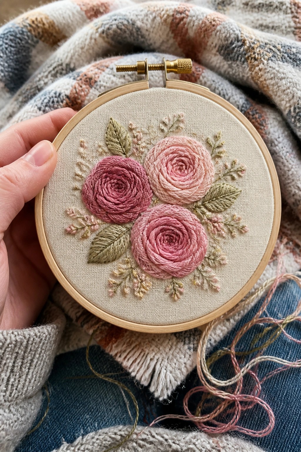 Hand holds embroidery hoop with three pink roses and leaves on plaid fabric.