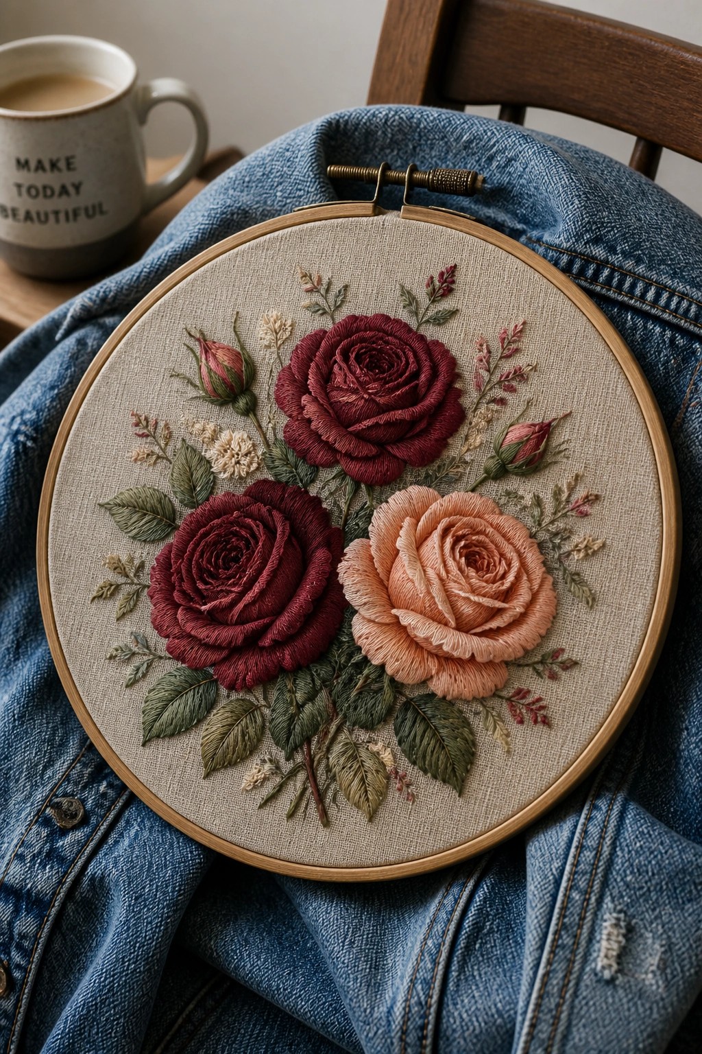 Red and peach rose embroidery in hoop on blue denim beside coffee mug