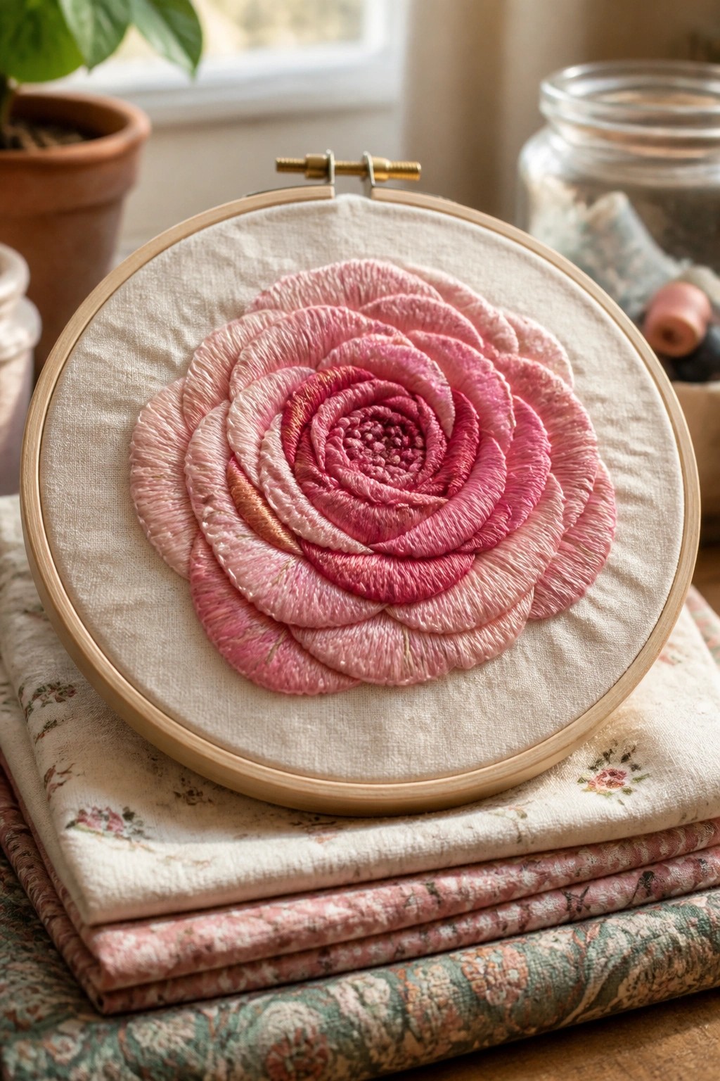 Pink rose embroidery in wooden hoop atop stacked floral fabrics