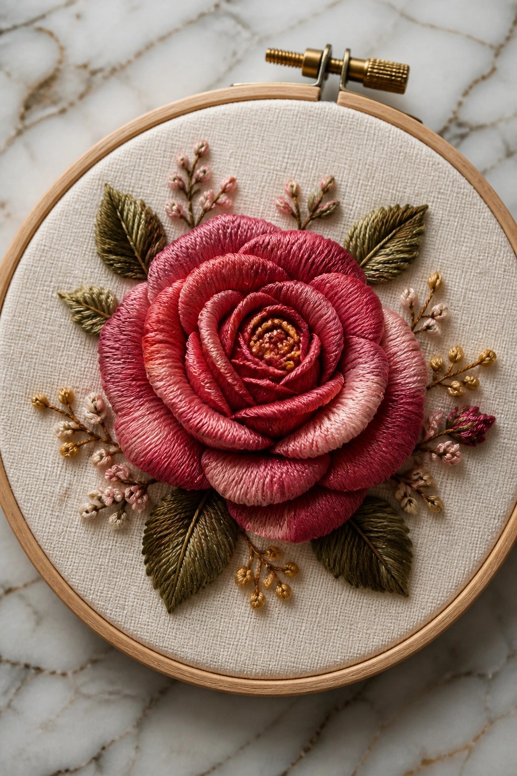 Embroidered pink rose with layered petals, green leaves, and buds in wooden hoop