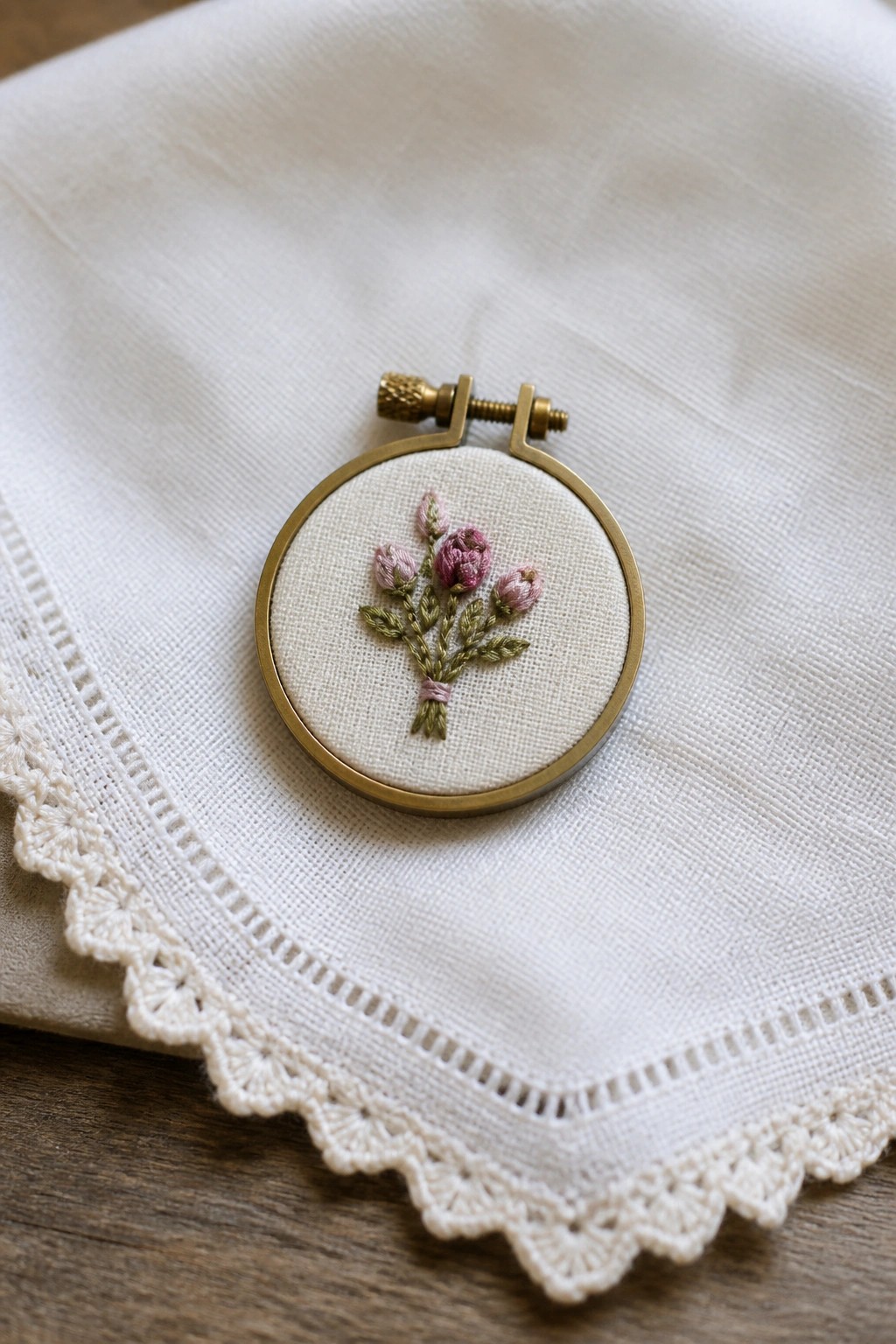 Brass embroidery hoop with pink floral bouquet on white fabric over crocheted lace edge