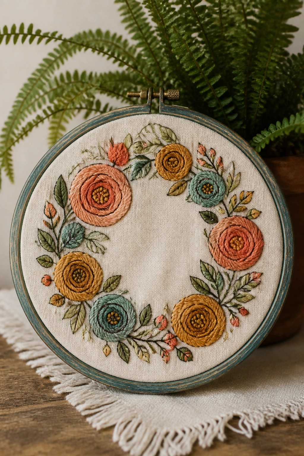 Embroidered floral wreath in peach, gold, and teal inside blue wooden hoop.