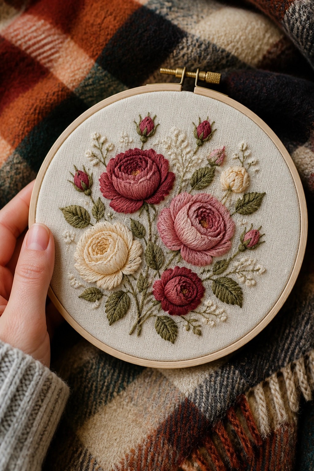 Hand holding embroidery hoop with pink, red, and cream roses on plaid fabric.
