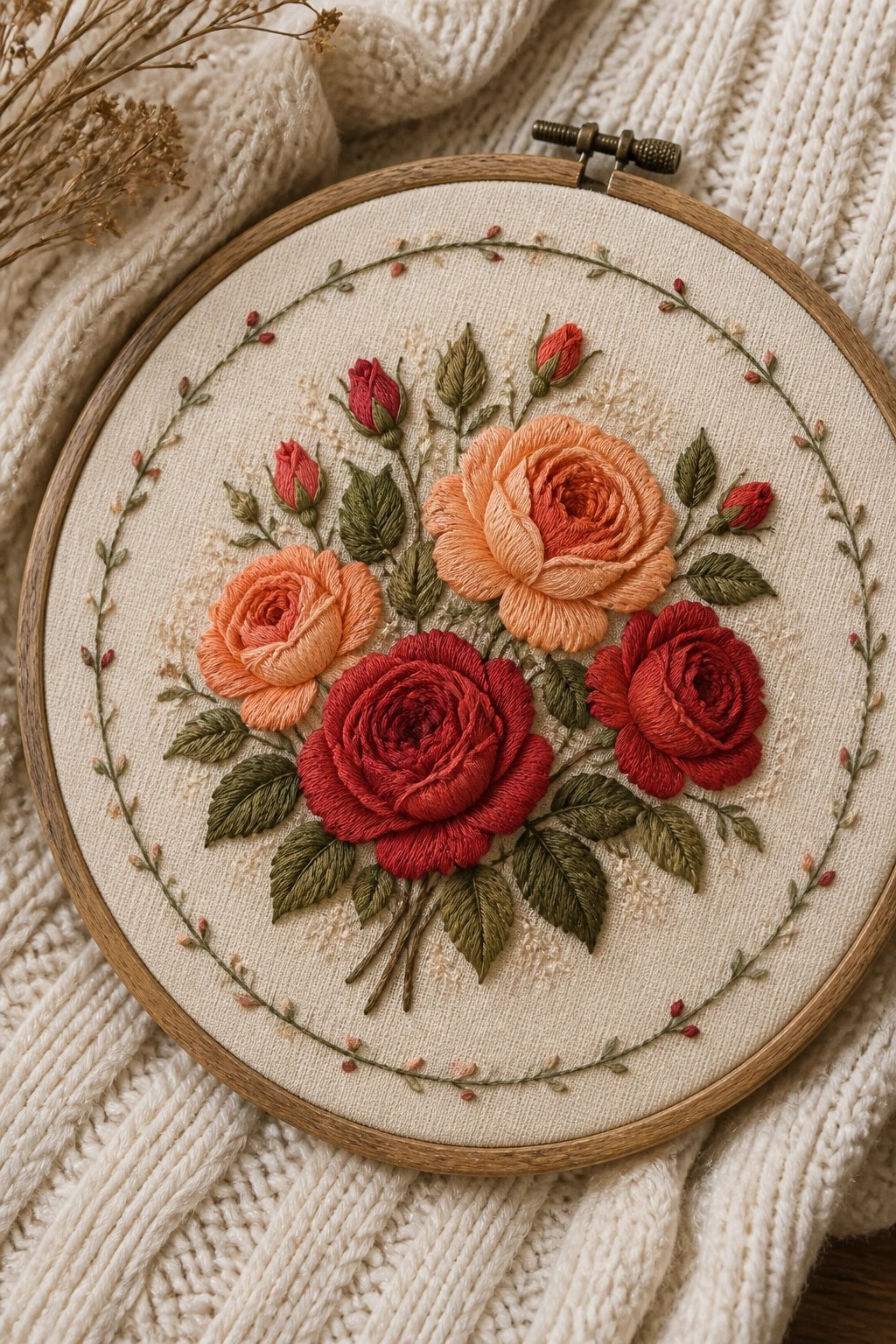 Embroidered red and orange roses in wooden hoop on white knitted fabric