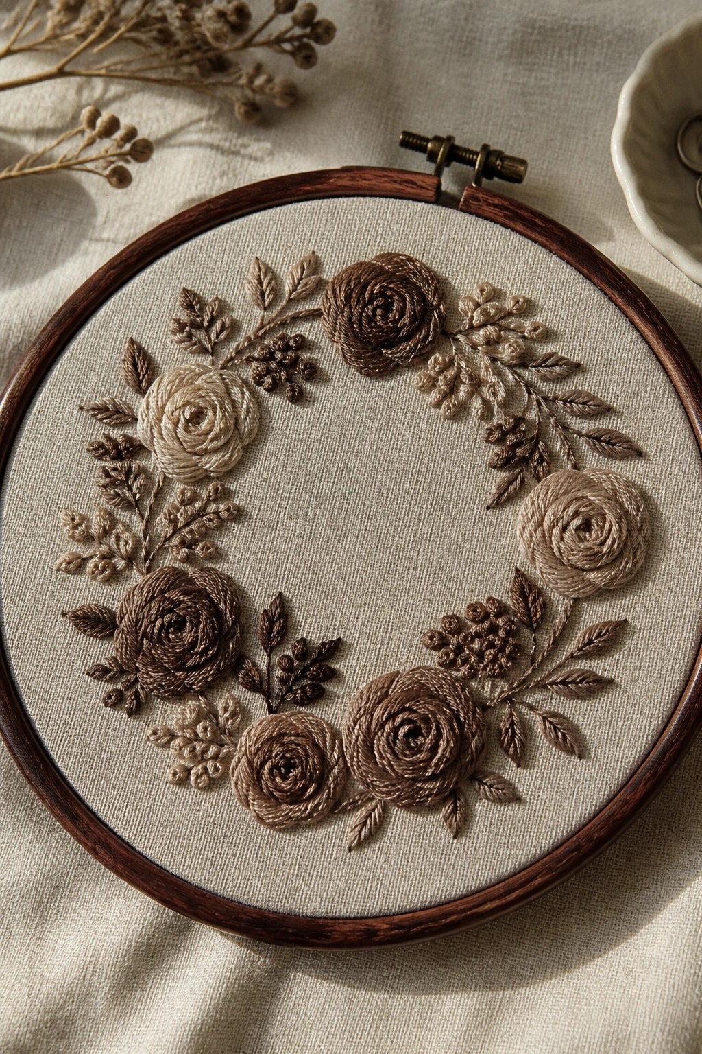 Wooden hoop with circular embroidery of roses and leaves in neutral brown tones