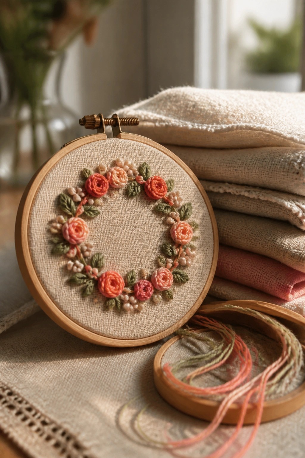 Wooden hoop with pink rose wreath on linen beside stacked fabrics and loose threads
