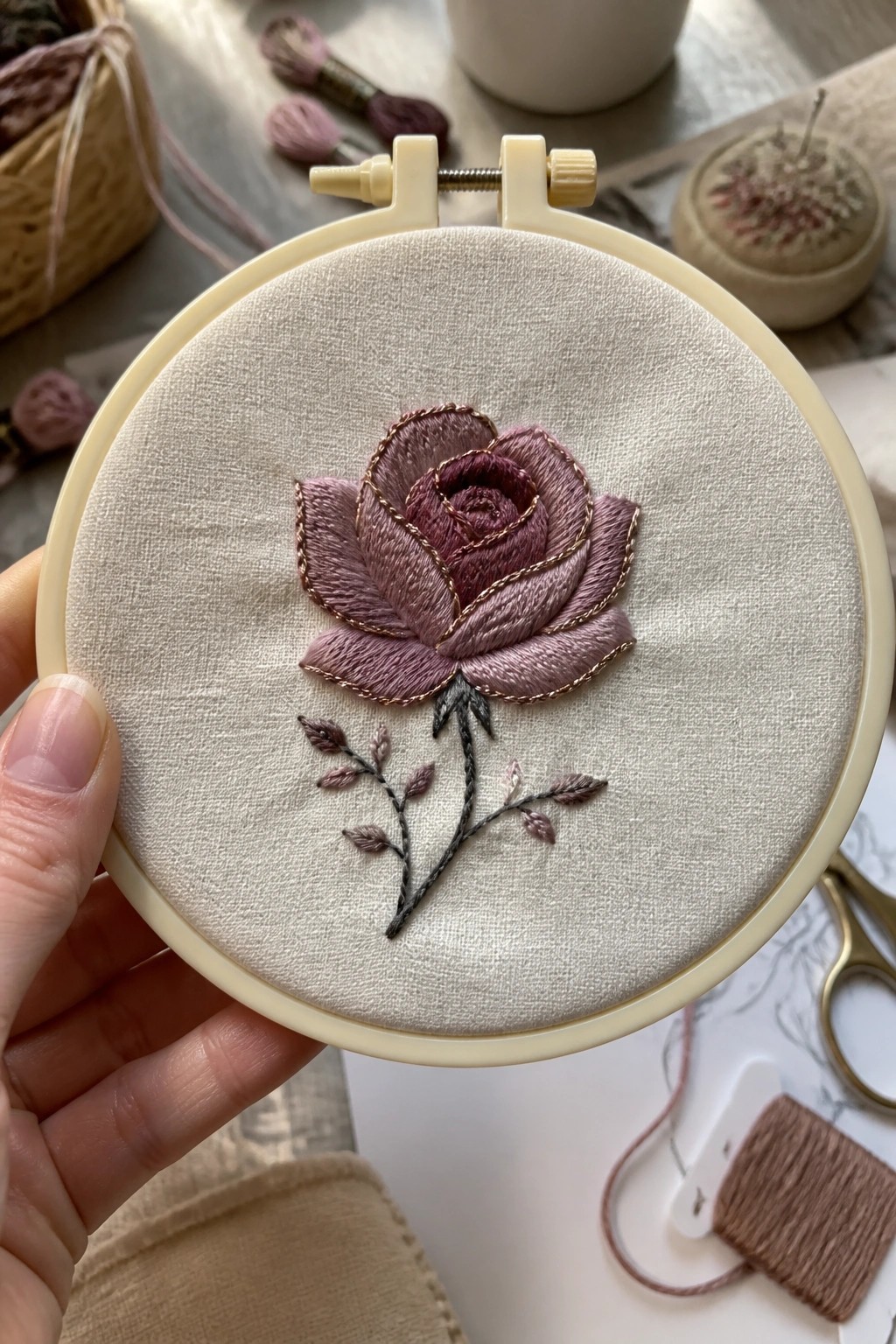Hand holding hoop with embroidered purple rose, gold outlines, and leafy stem.