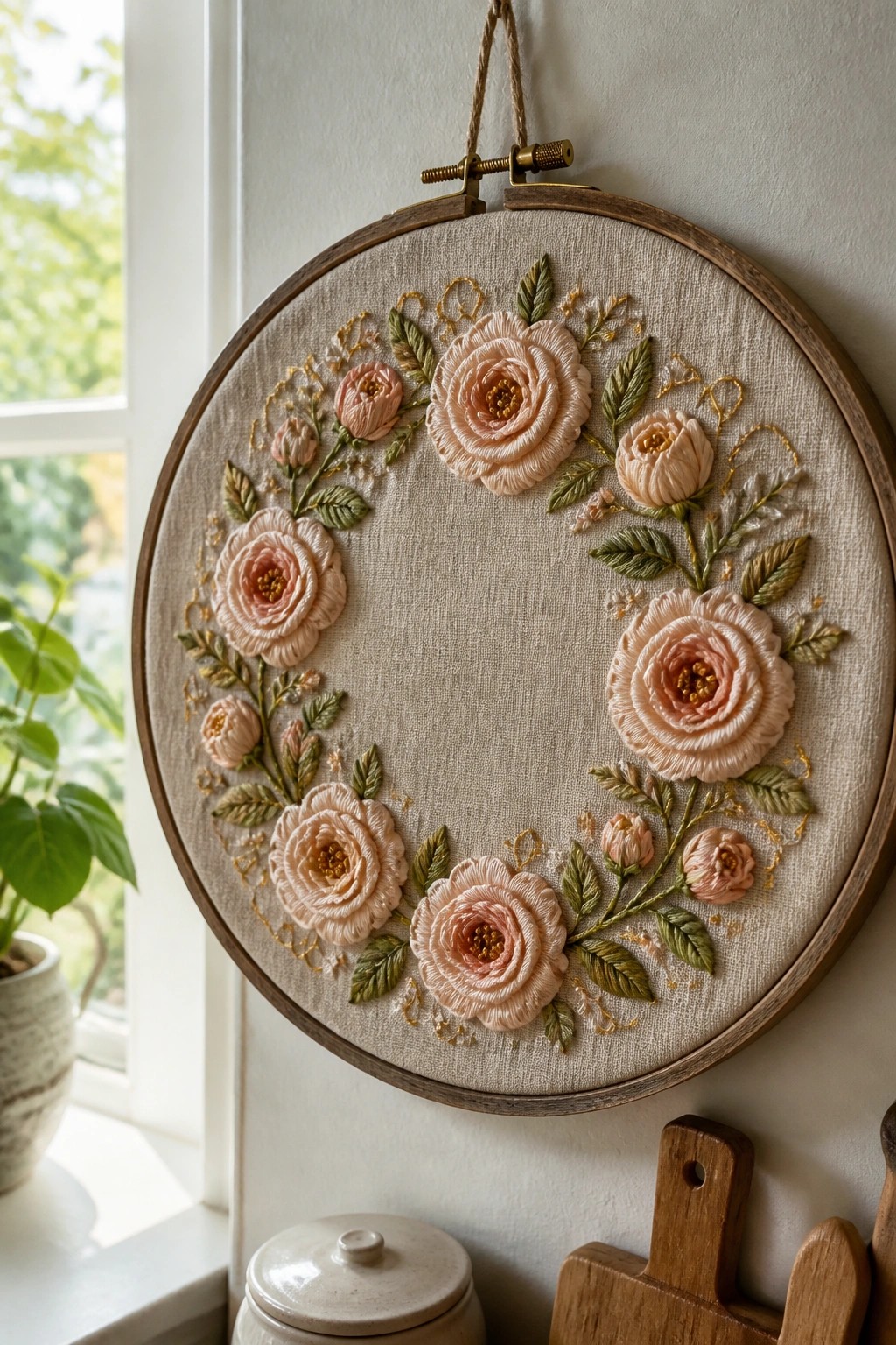Wooden hoop with pink rose embroidery wreath, green leaves, and gold accents on beige fabric.