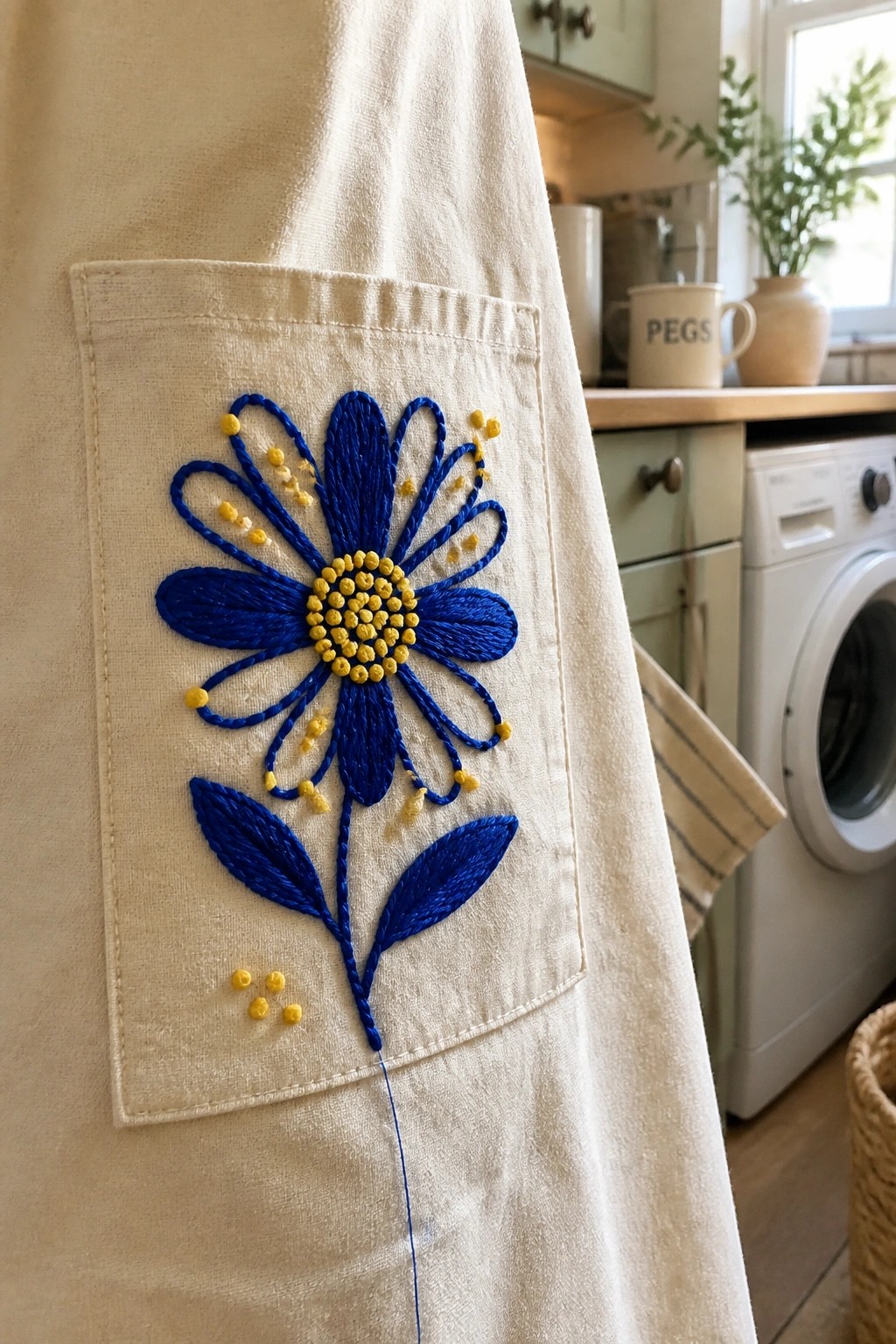 Blue embroidered daisy with yellow accents on beige apron pocket in kitchen
