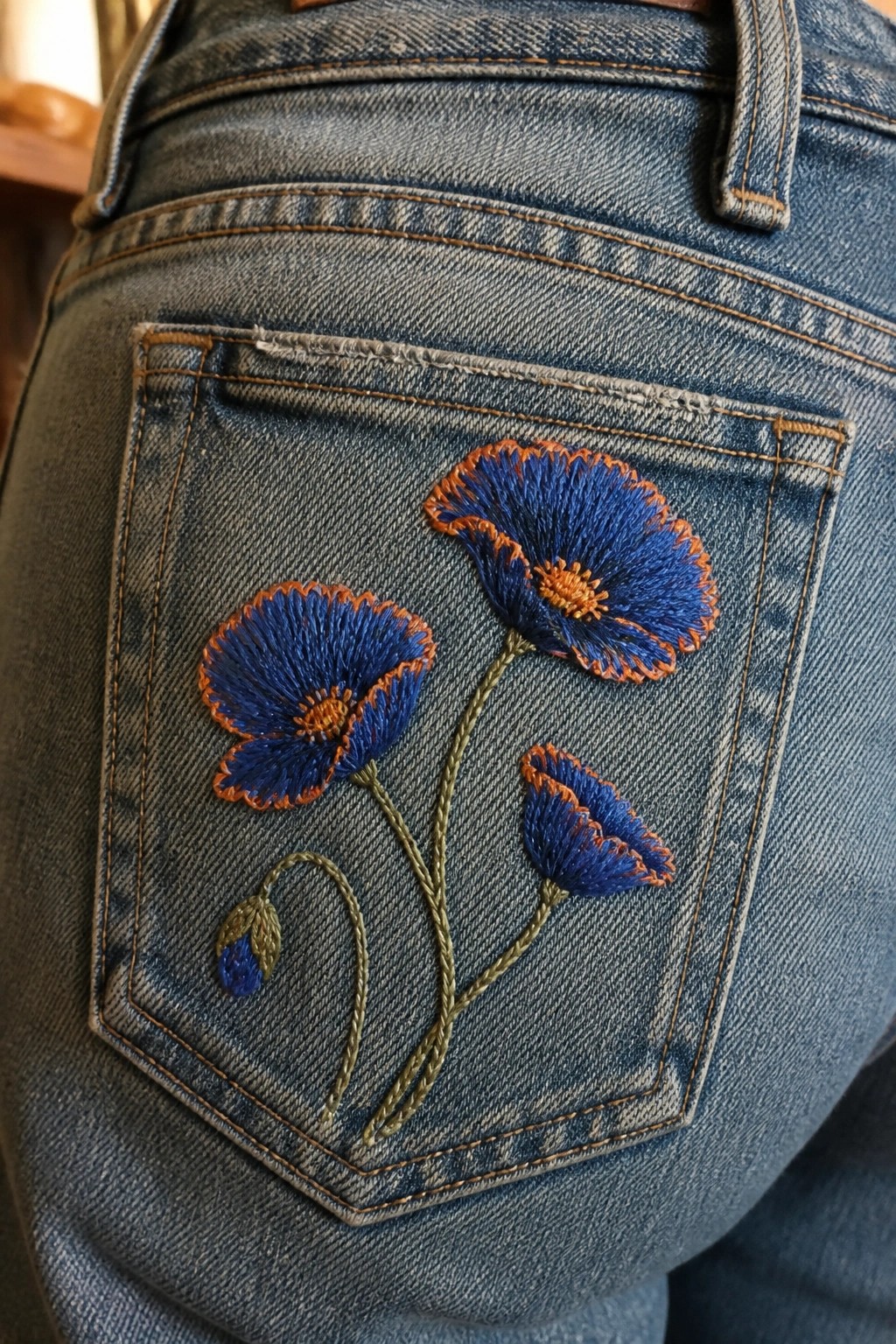 Blue denim jeans back pocket with embroidered blue poppies and orange edges.