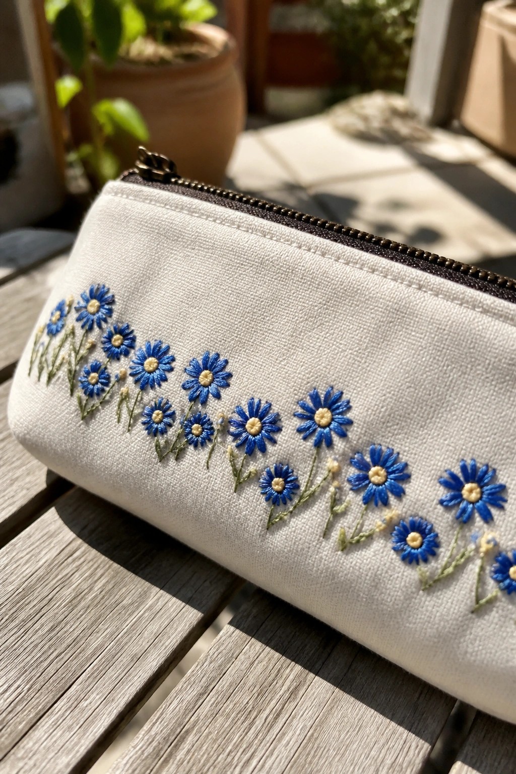 White zippered pouch with blue daisy embroidery on wooden slatted table