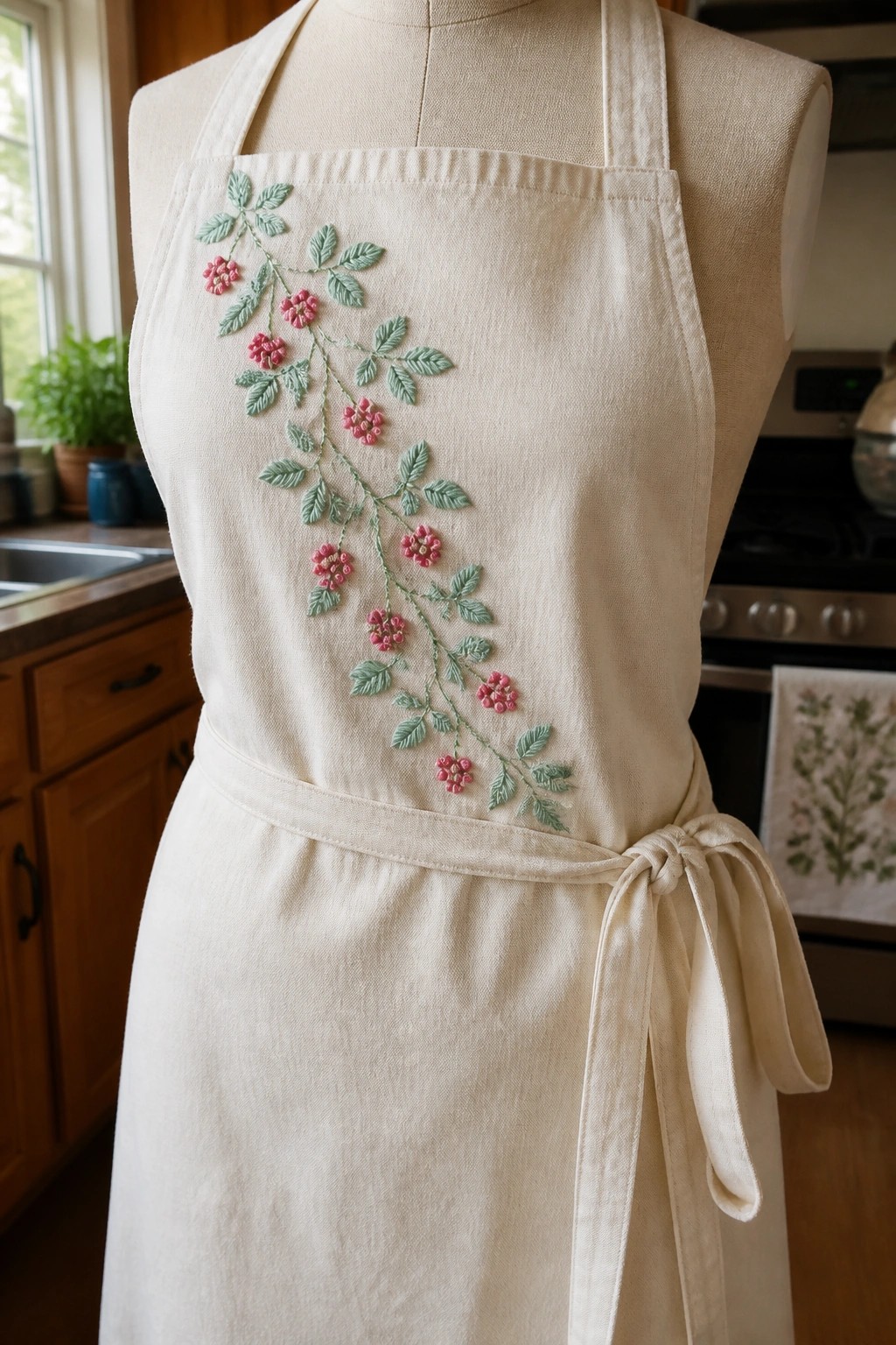 Beige apron with pink floral embroidery tied around a kitchen mannequin.