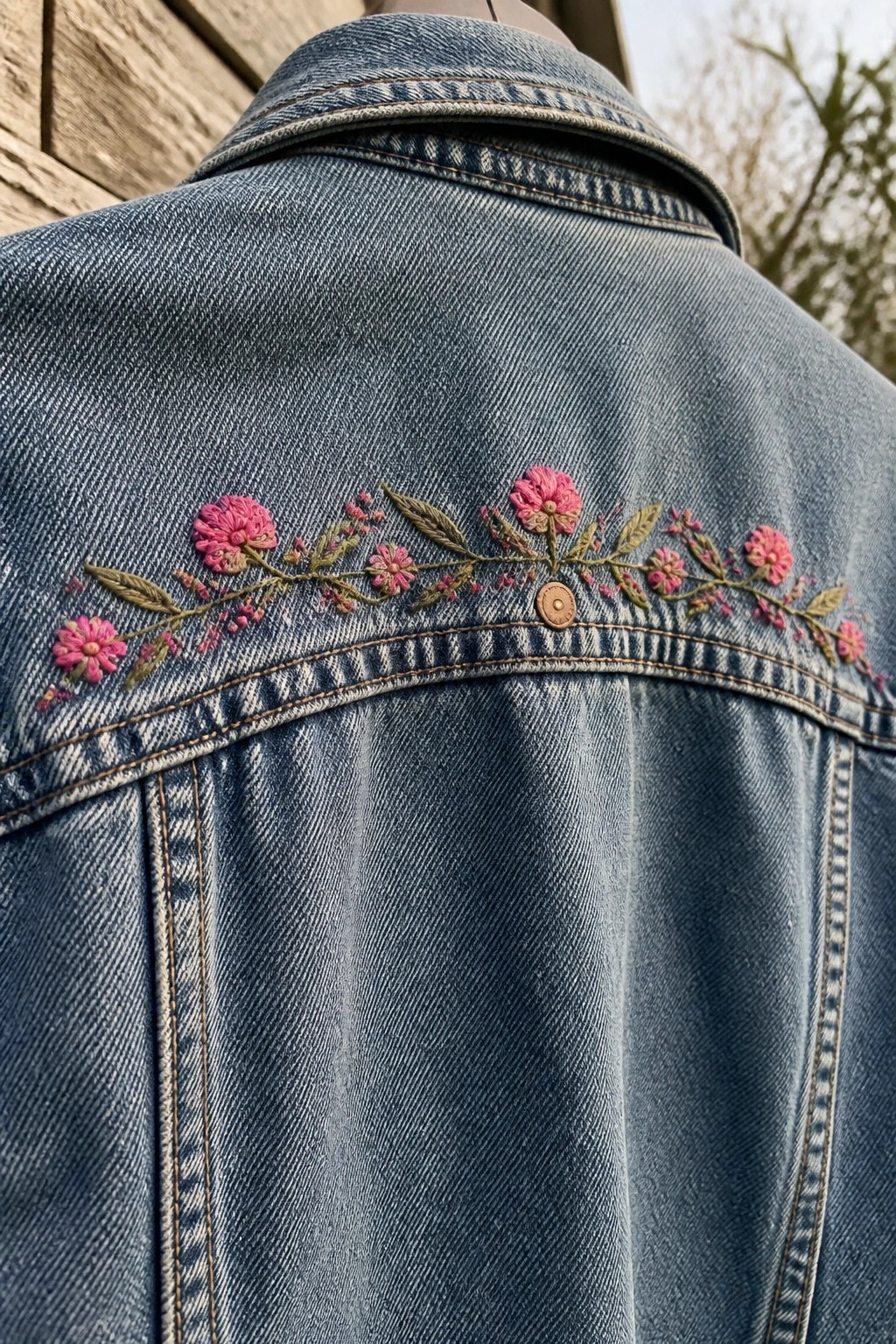 Blue denim jacket with pink floral embroidery along the back yoke and button