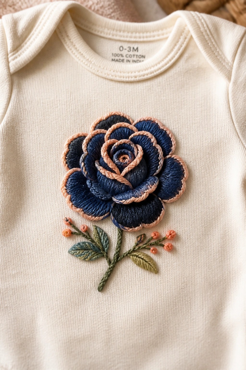 Cream baby onesie with blue embroidered rose, peach borders, and green leafy stem.