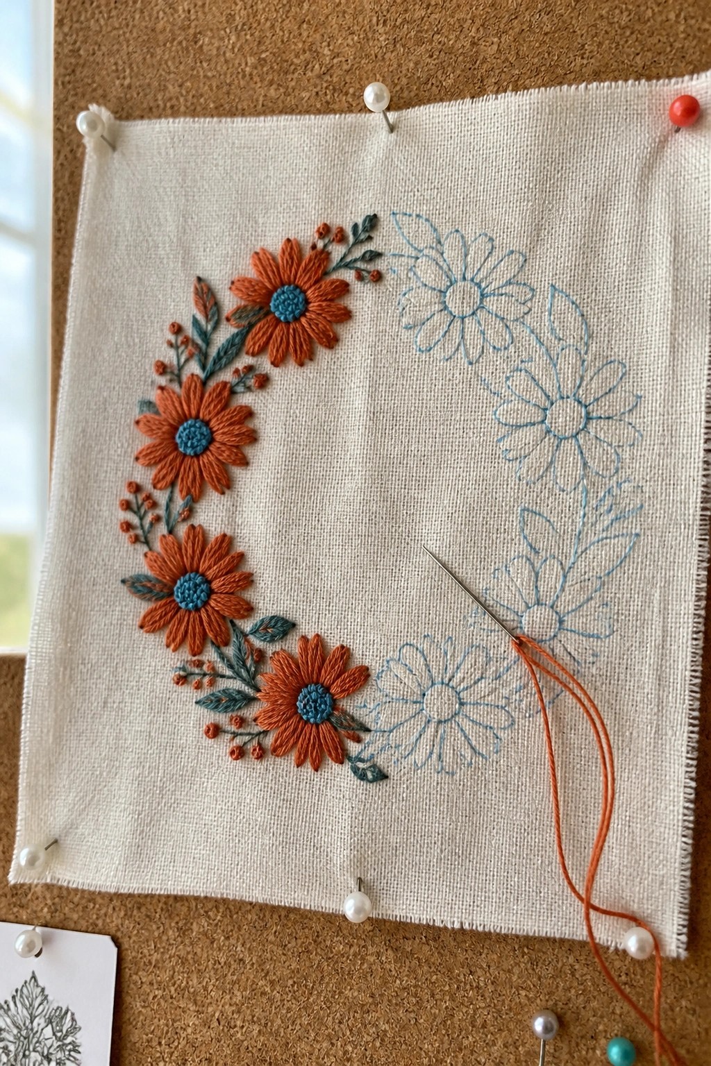 Partial orange-blue floral wreath embroidery on white fabric pinned to corkboard with needle.