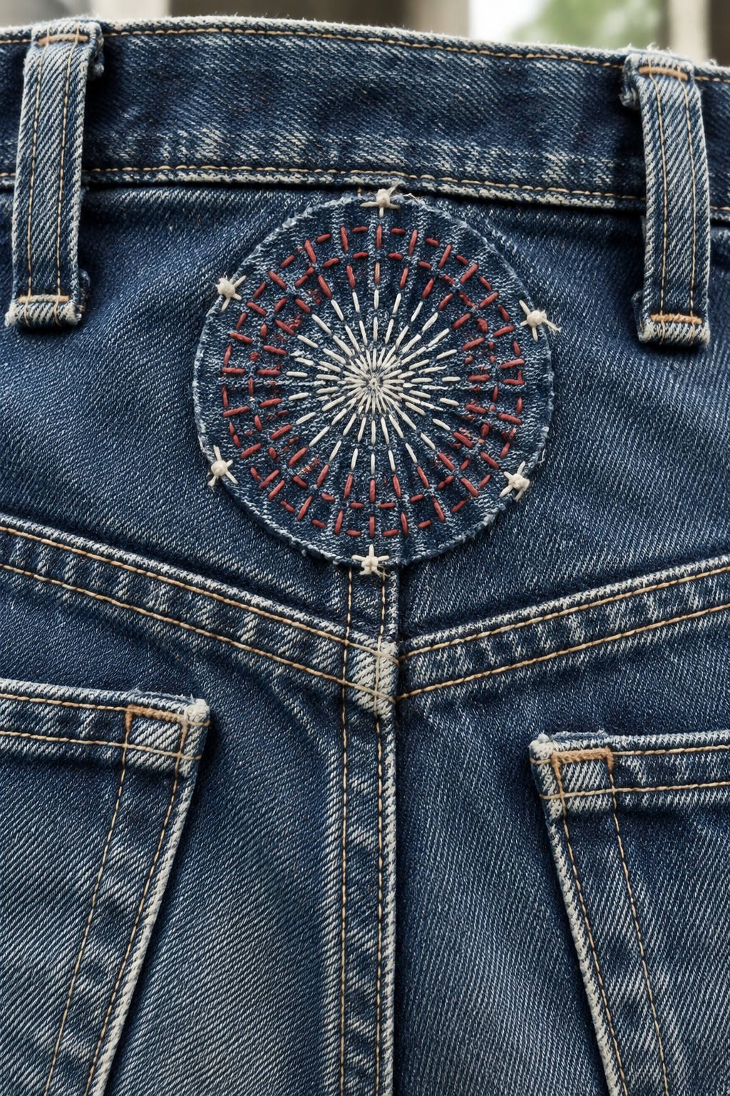 A circular red and cream stitched burst patch is sewn onto the back of a dark denim jacket.