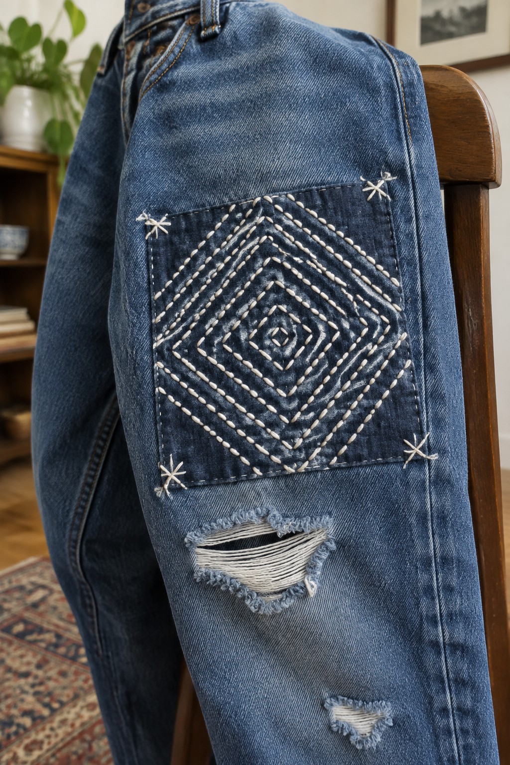 Blue jeans with a dark denim pocket embroidered in concentric white diamond lines and small corner starbursts.