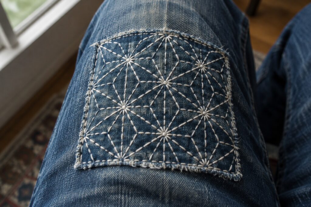 15 Geometric Sashiko Patterns for Patchwork Jeans Pale starburst stitching and connecting lines cover a rectangular patch on the knee of blue jeans.