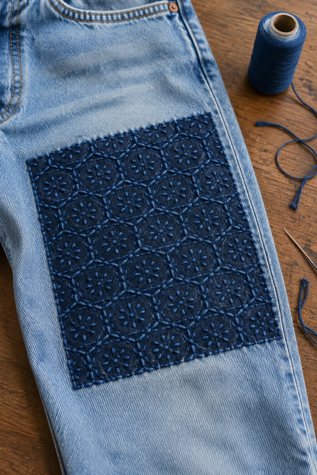 A dark denim patch covered in blue geometric stitching is sewn onto light-wash jeans beside a spool of blue thread.