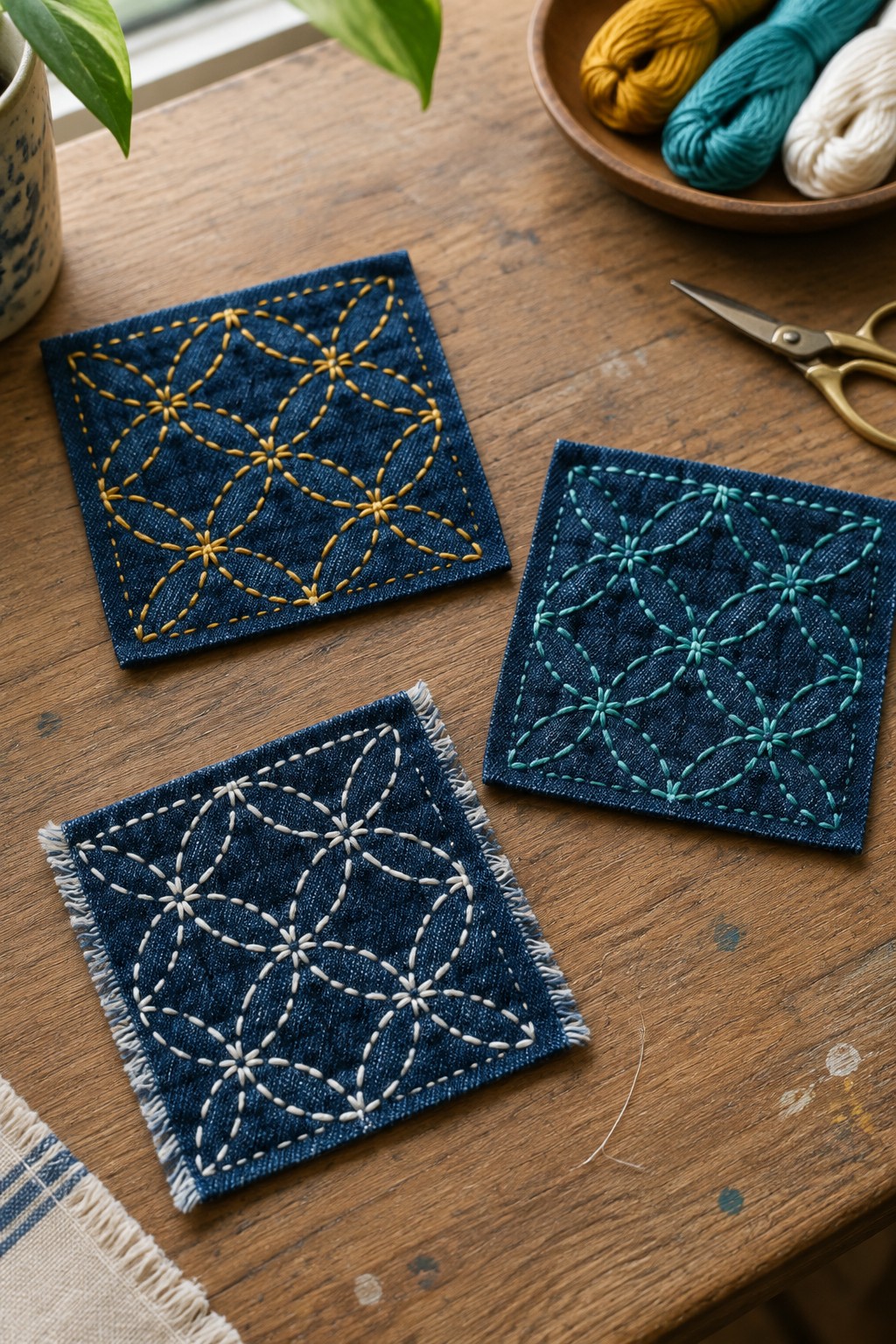 Three dark denim squares stitched with geometric patterns in mustard, teal, and white thread sit on a wooden table beside scissors and yarn.