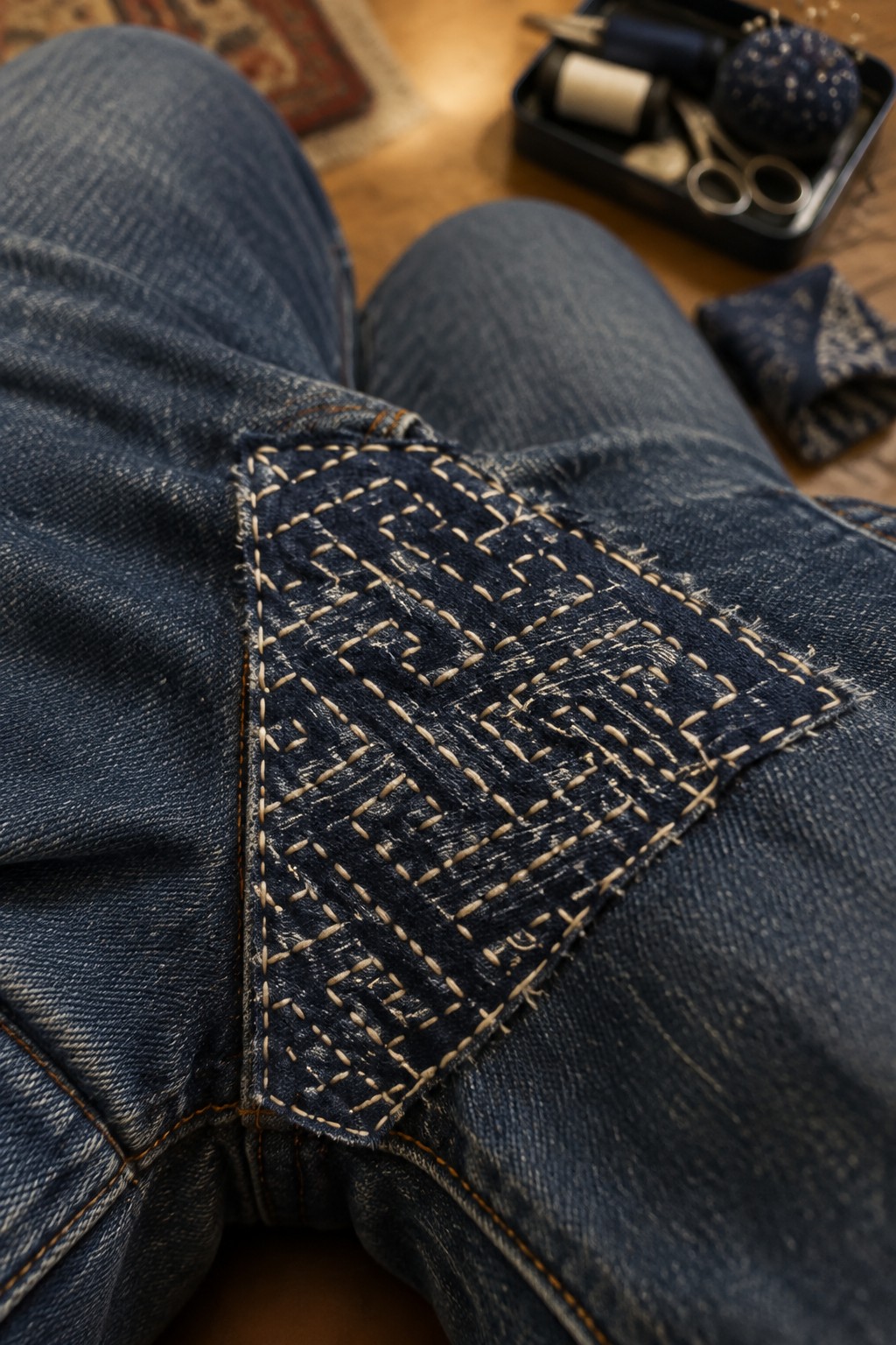 Close-up of jeans with a dark geometric patch stitched in cream thread, with sewing tools nearby.