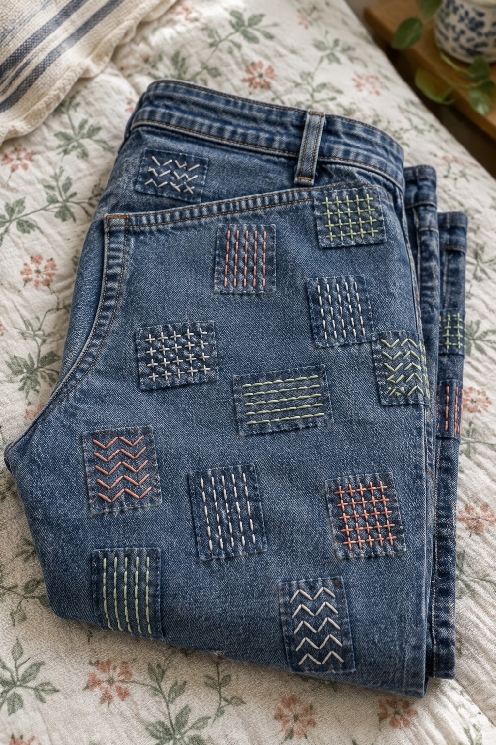 Folded blue jeans decorated with rectangular denim patches embroidered in geometric patterns using white, green, and coral thread.