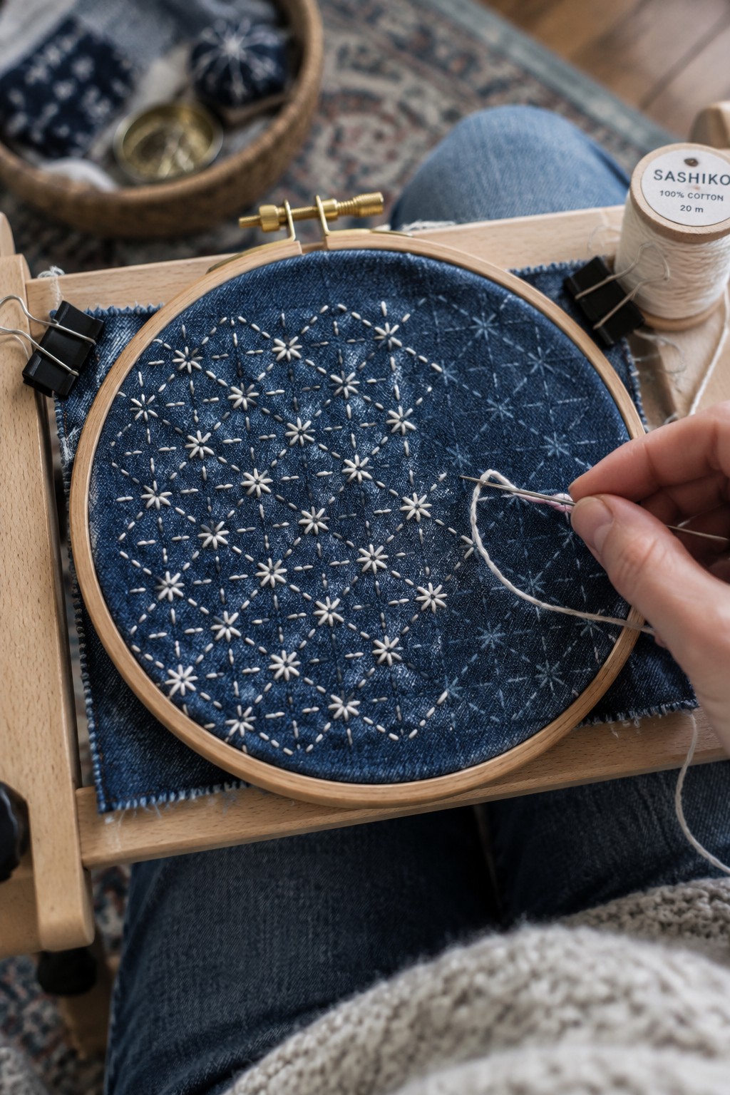 White sashiko starbursts and short stitches cover a round dark denim patch held in an embroidery hoop.