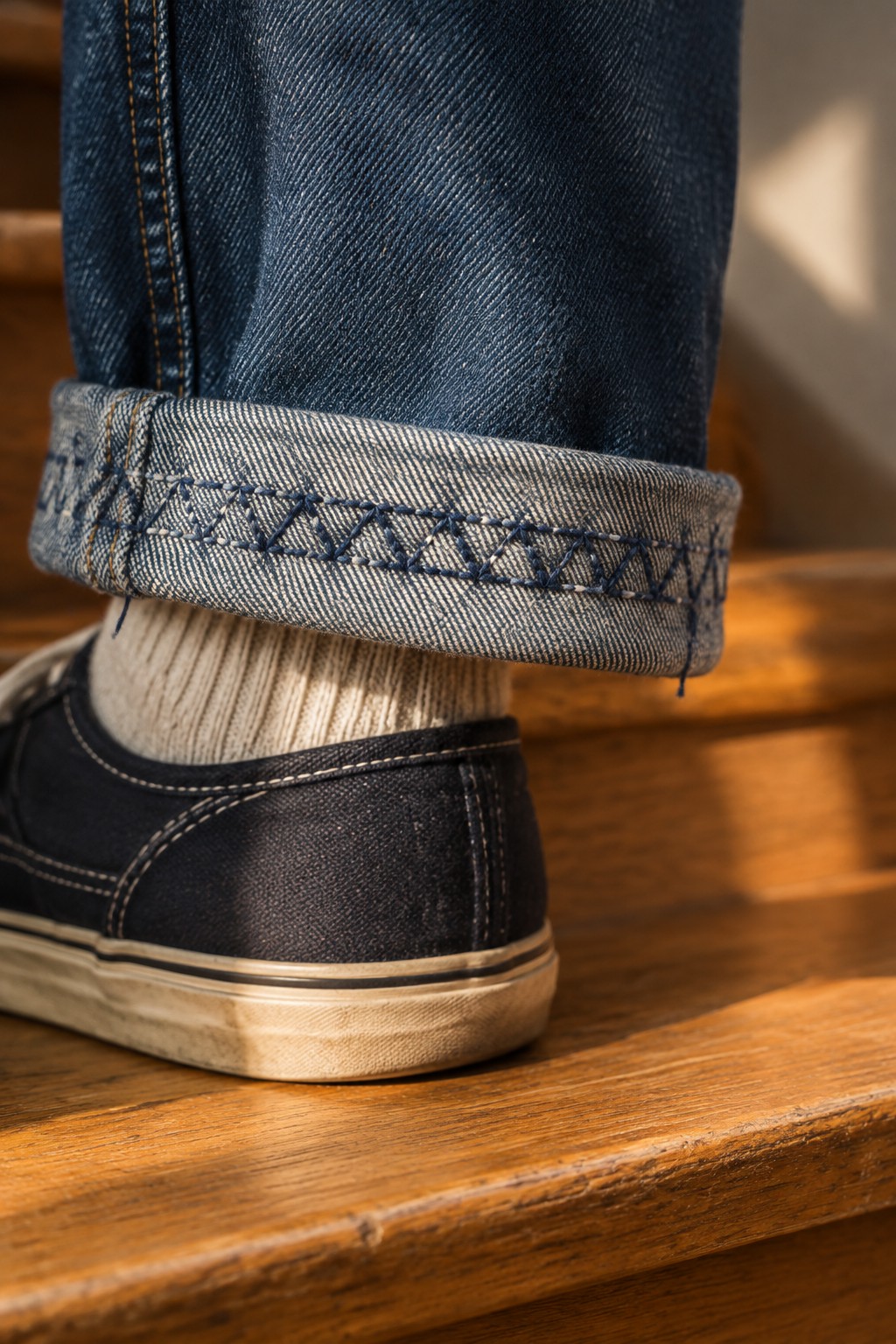 Close-up of a jeans cuff with a dark blue repeating triangle pattern stitched across the lighter denim.