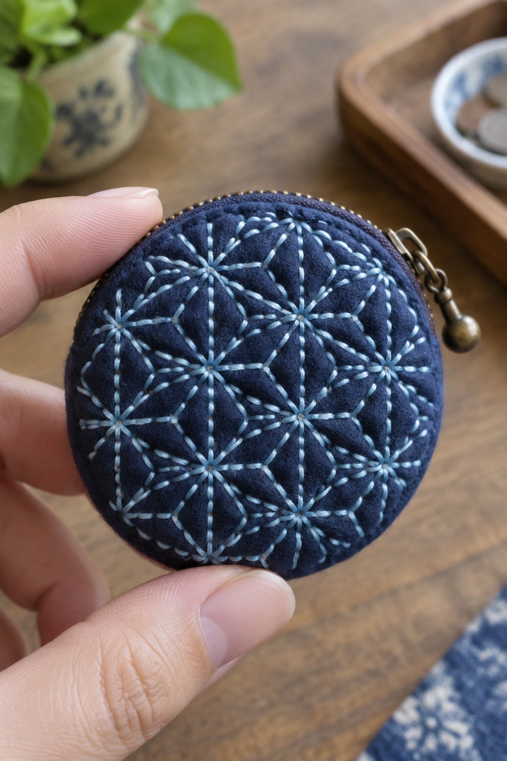 A round dark blue fabric coin purse embroidered with pale blue geometric running stitches.