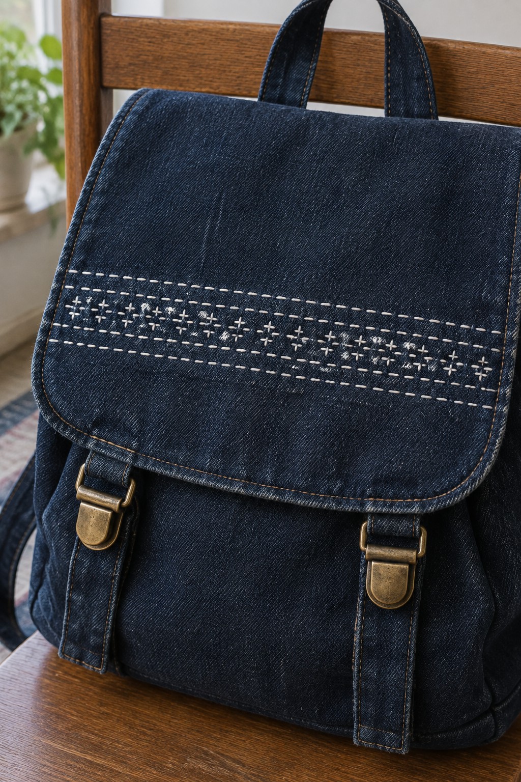 White running-stitch crosses form a band across the flap of a dark denim backpack with brass buckles.