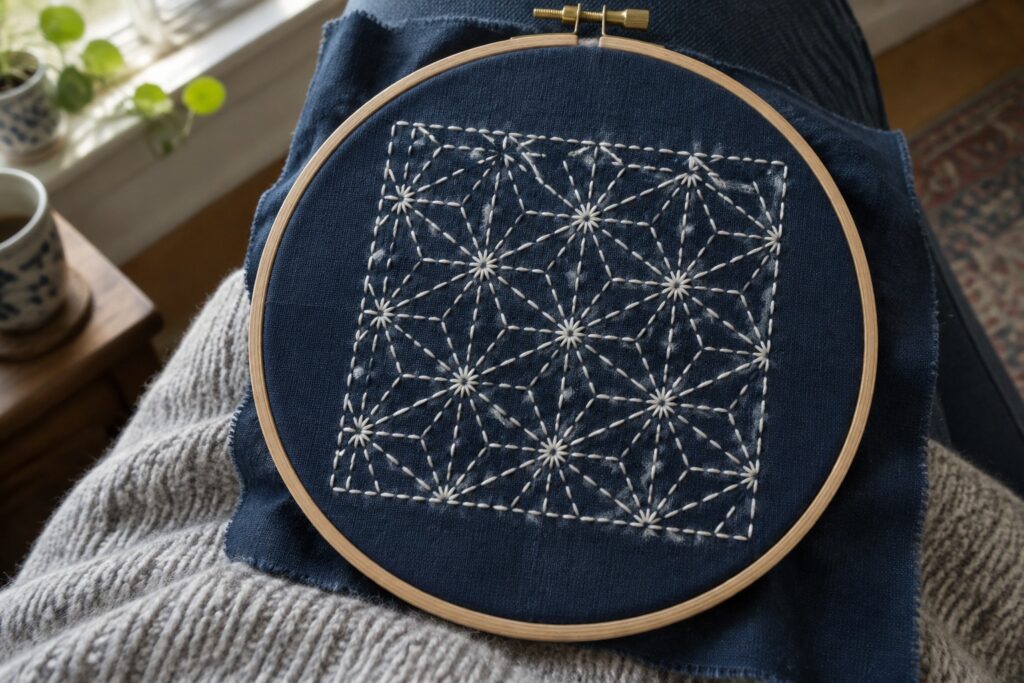 White geometric starburst stitching covers a square of dark blue fabric held in an embroidery hoop.
