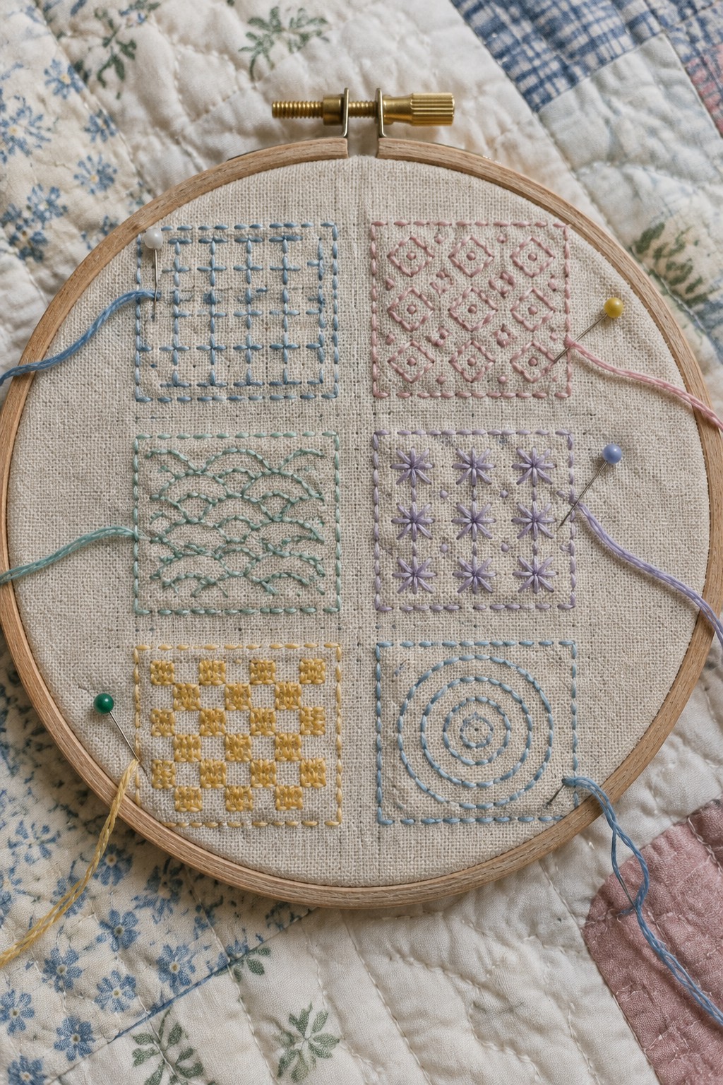 A wooden embroidery hoop holds six small geometric and curved running-stitch patterns in different colors.