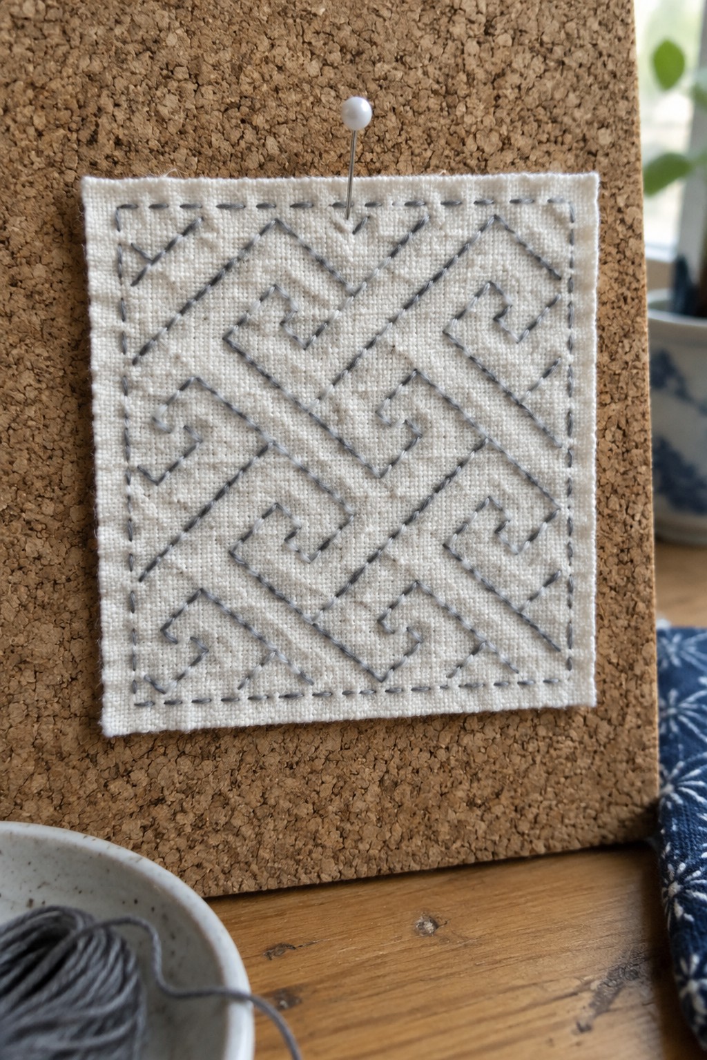 Gray geometric running stitches form interlocking zigzag paths and a border on a white fabric square pinned to a corkboard.