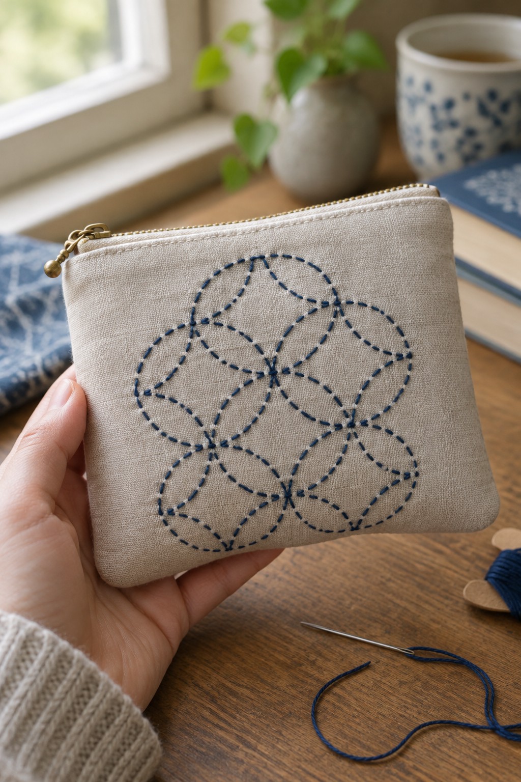 A beige zip pouch with dark blue overlapping-circle embroidery is held above a wooden table.