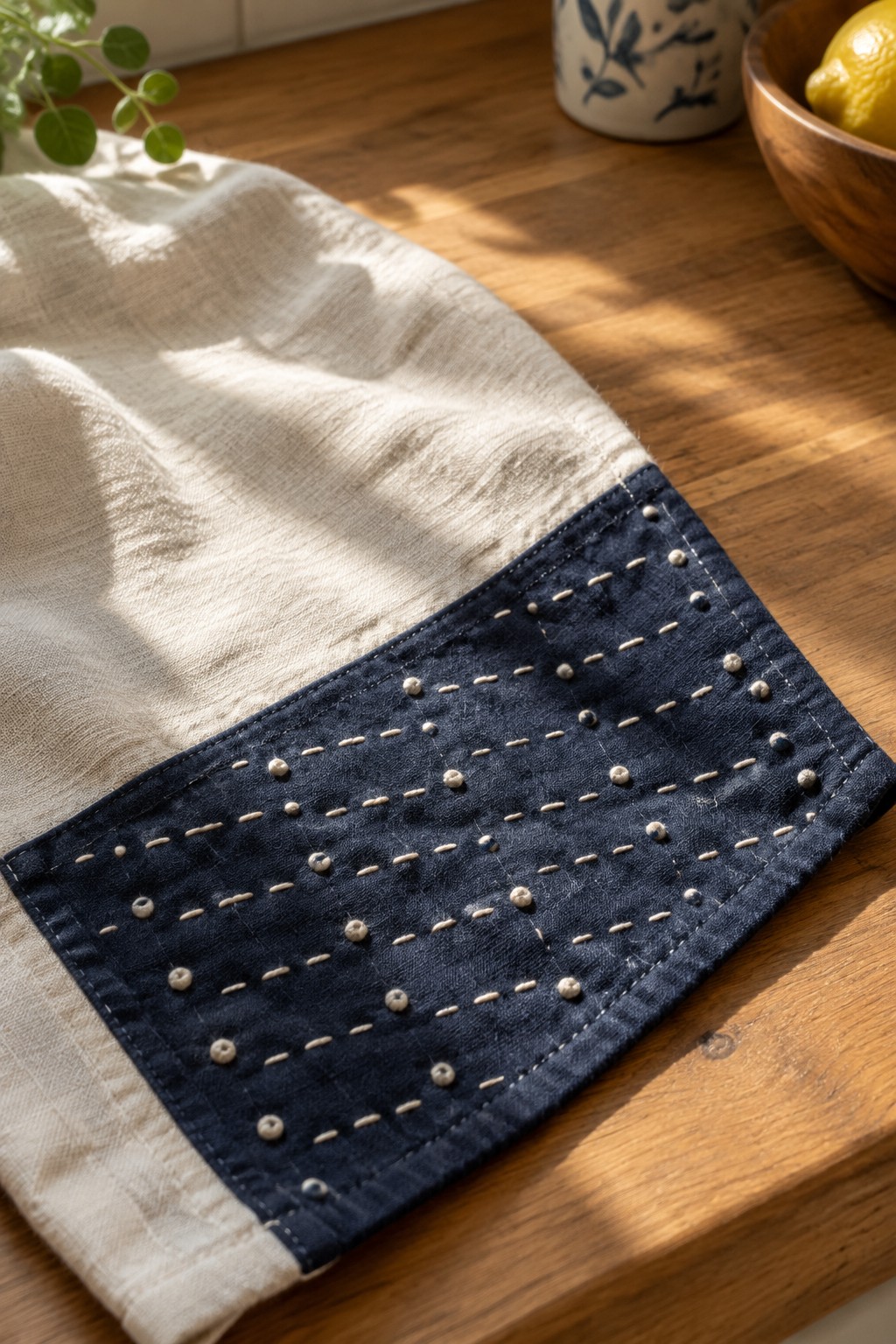 A cream linen towel has a dark blue fabric band with scattered pale stitches on a wooden table.