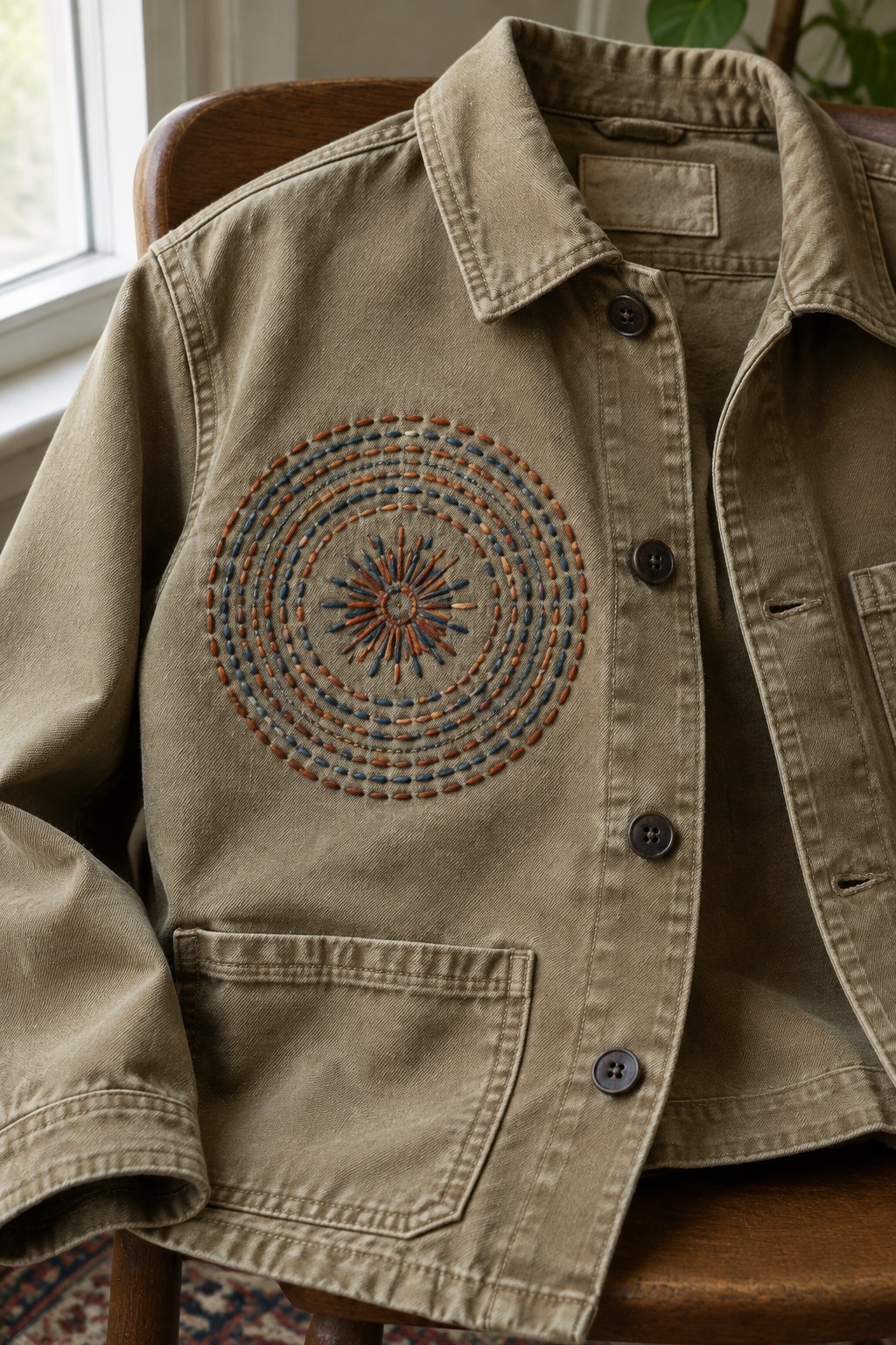 A khaki utility jacket with a circular rust and blue embroidered sunburst on the chest.