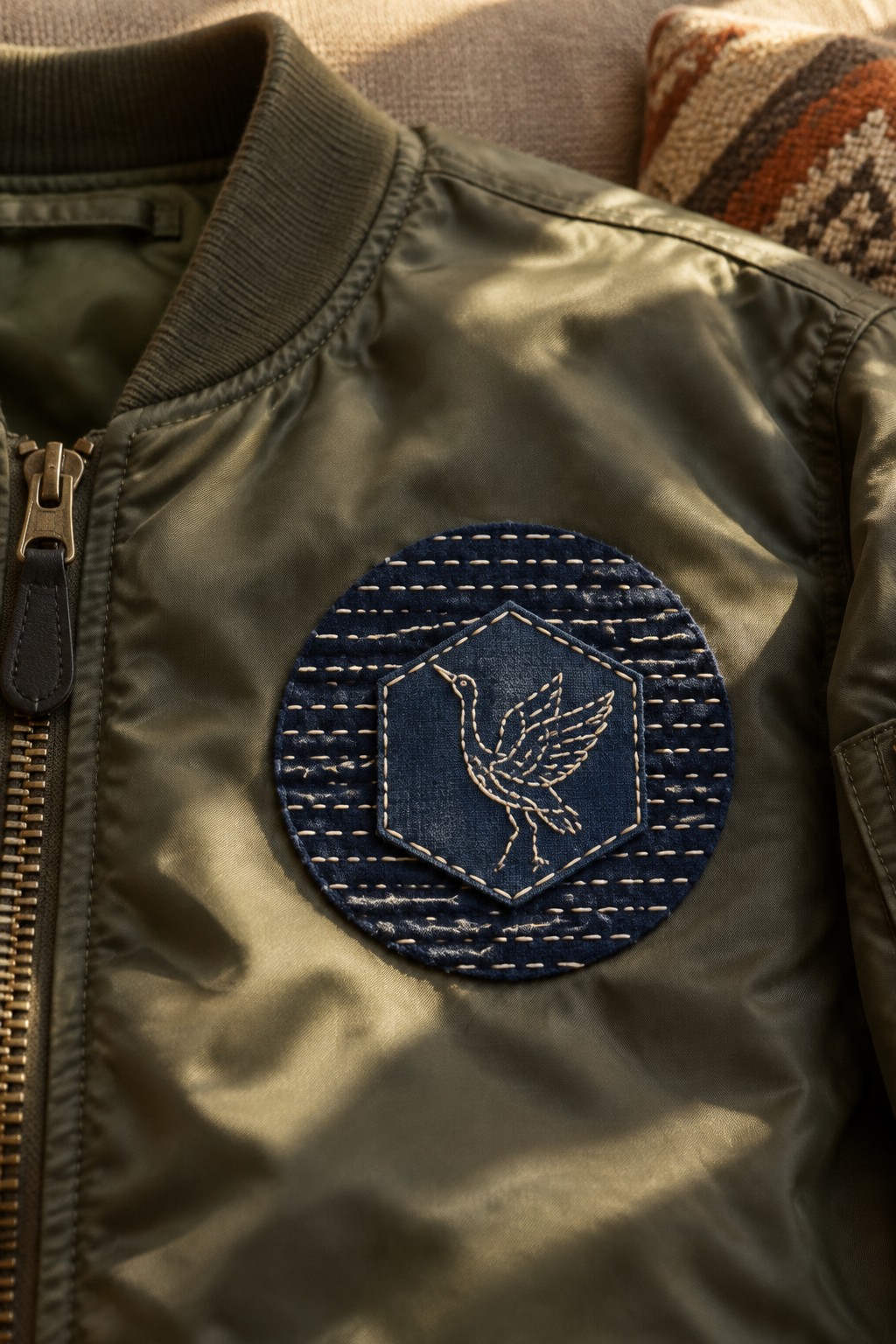 A circular navy embroidered patch with a stitched crane and hexagon is attached to the chest of an olive jacket.