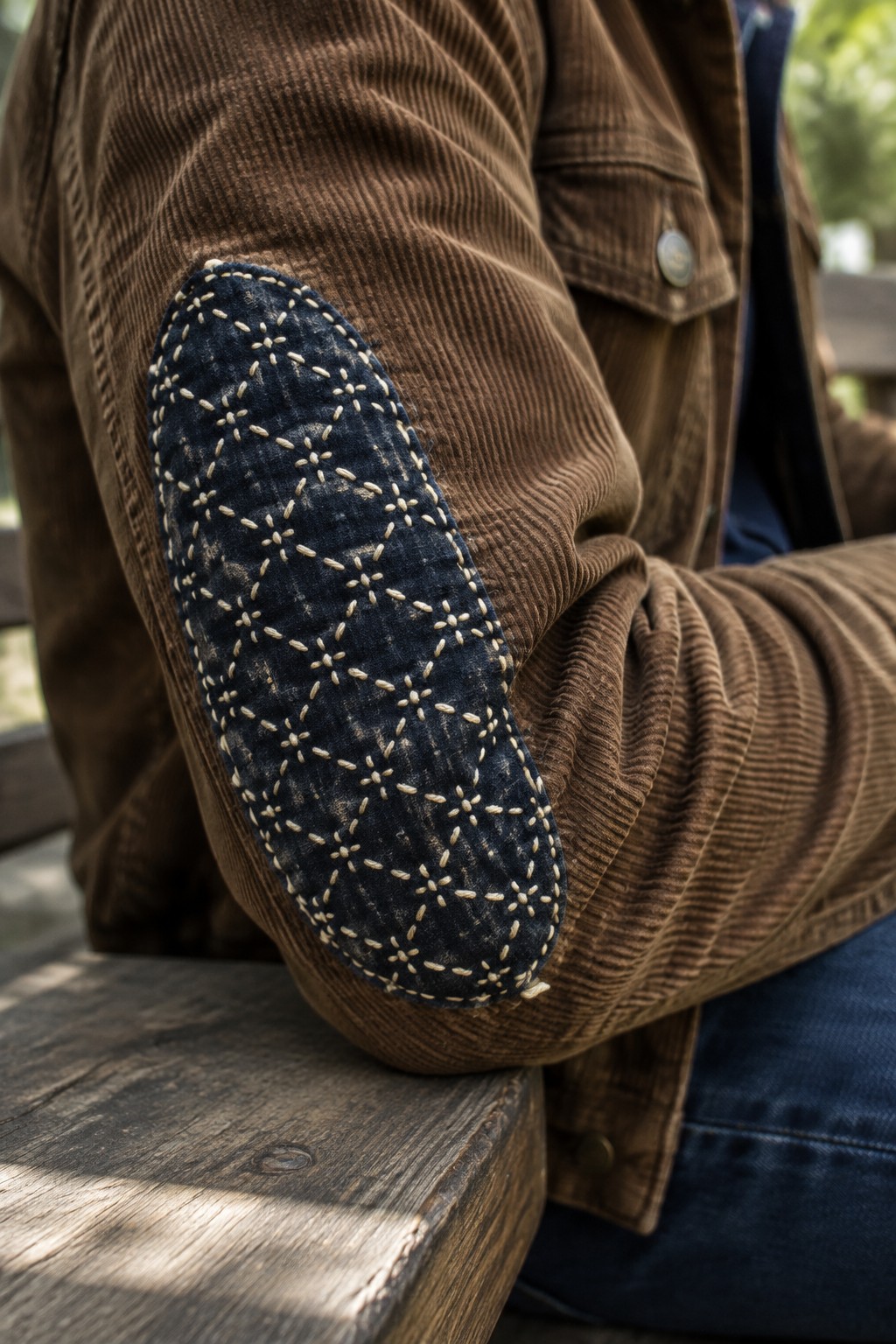 A dark blue oval patch with cream stitches is sewn onto the elbow of a brown corduroy jacket.