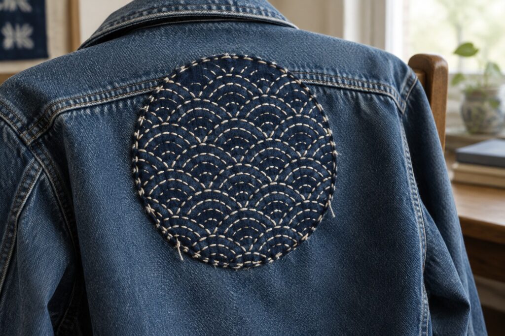 A denim jacket with a circular cream-stitched sashiko patch on the back.