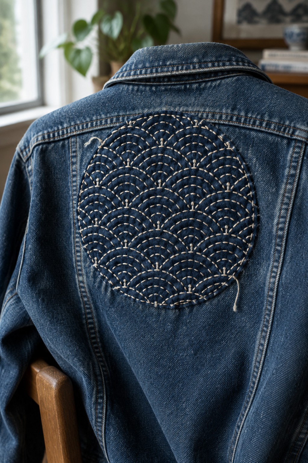 A denim jacket with a circular cream-stitched sashiko patch on the back.
