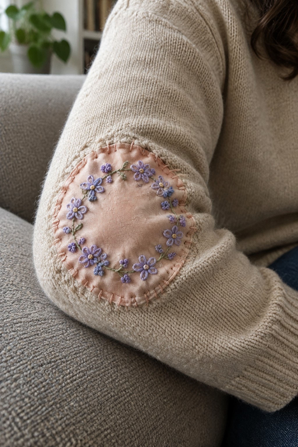 A cream knit sweater sleeve has a round pink elbow patch embroidered with purple flowers and green stems.