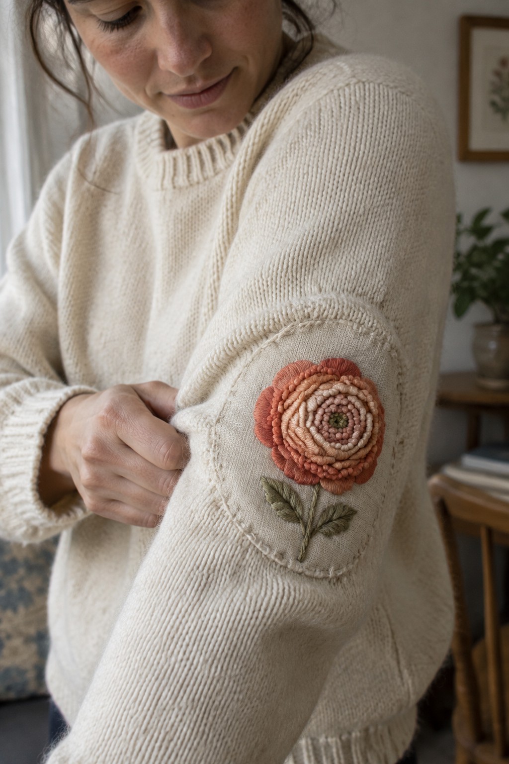 A woman holds the sleeve of a cream sweater with a coral embroidered rose and green leaves on an elbow patch.